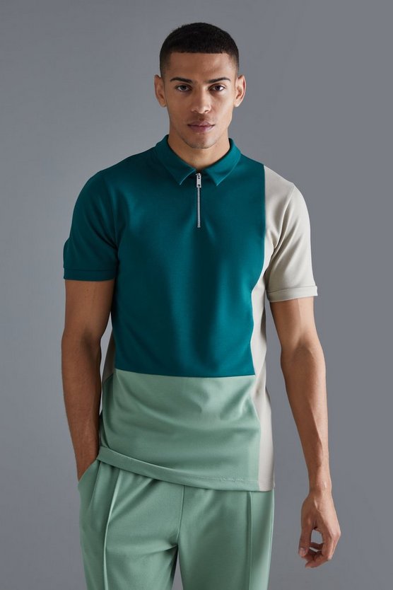 Kurzärmliges Slim-Fit Colorblock Poloshirt mit 1/4 Reißverschluss