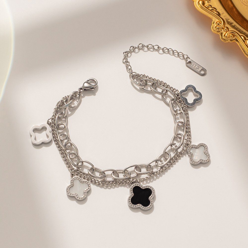 ENGELSINN Silberarmband Armreif Armband Kettenarmband Silber Blume Perlmutt Schwarz (1-tlg), inkl. Geschenkbox