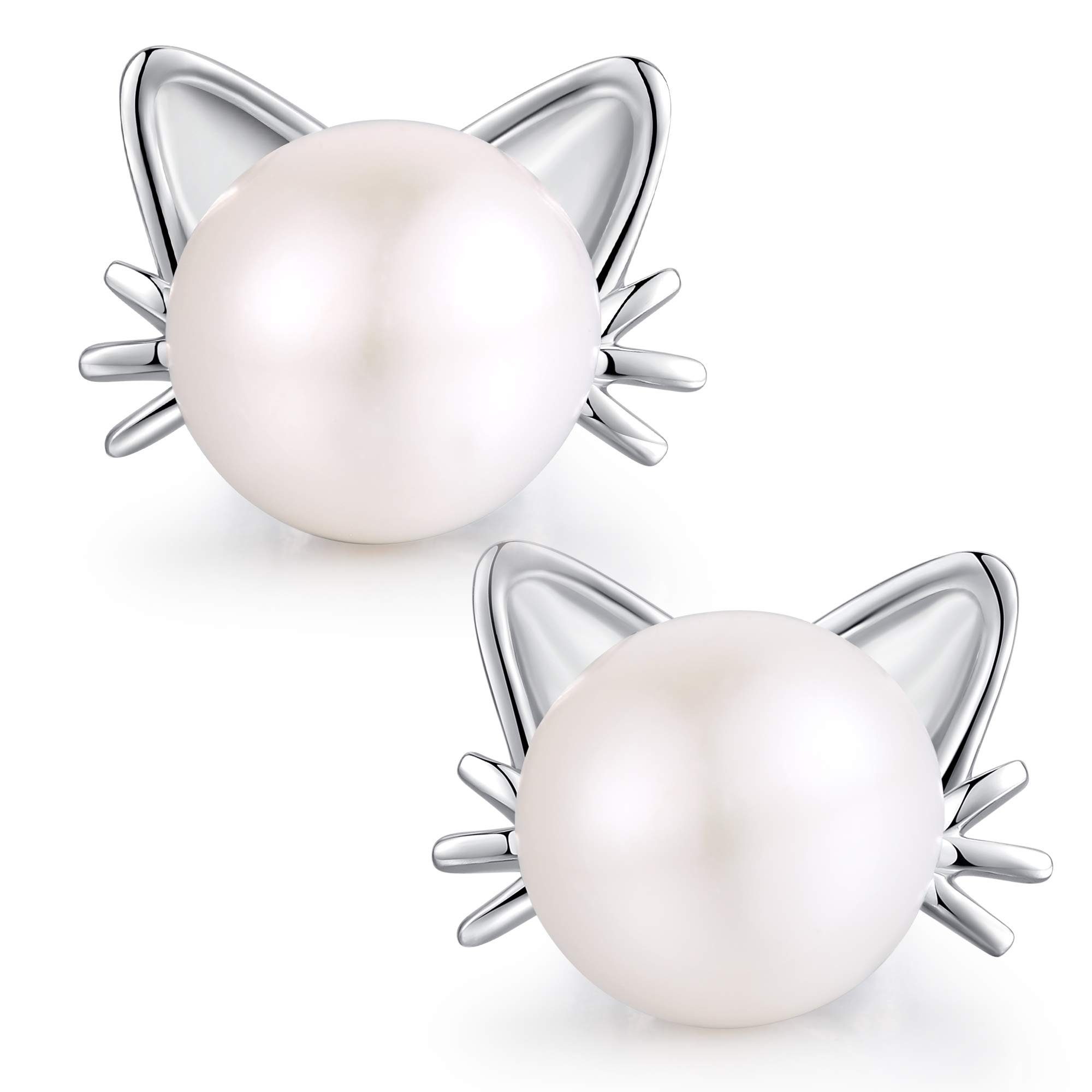 POCHUMIDUU Paar Ohrstecker 925 Sterling Silber Katze Süßwasserperlen Ohrstecker Kinderohrringe (2-tlg), 925 Silberschmuck für Frauen, Niedliche Kinder-Ohrringe