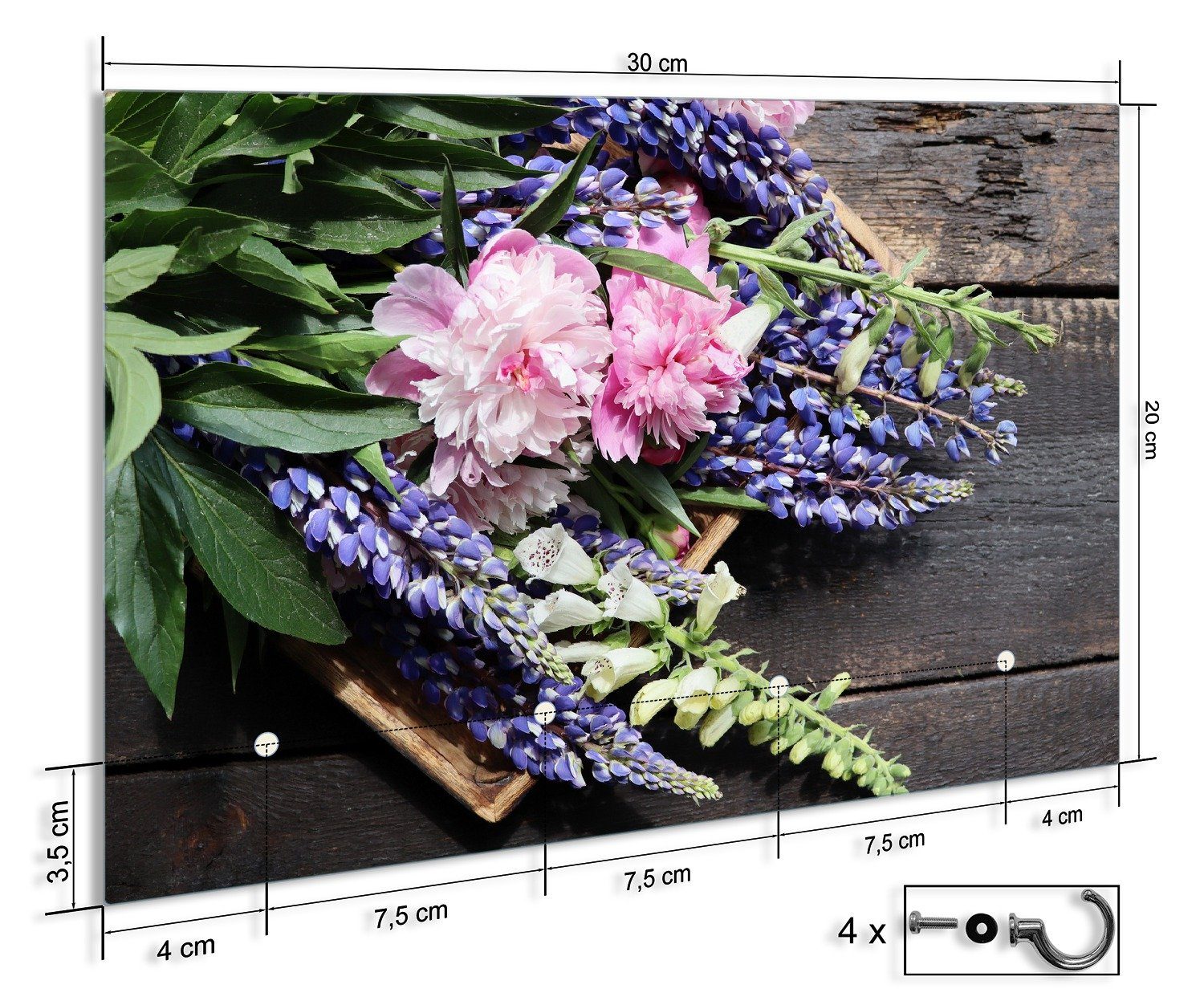 Wallario Schlüsselbrett Stillleben mit Frühlingsblumen, (inkl. Aufhängeset), 30x20cm, aus ESG-Sicherheitsglas