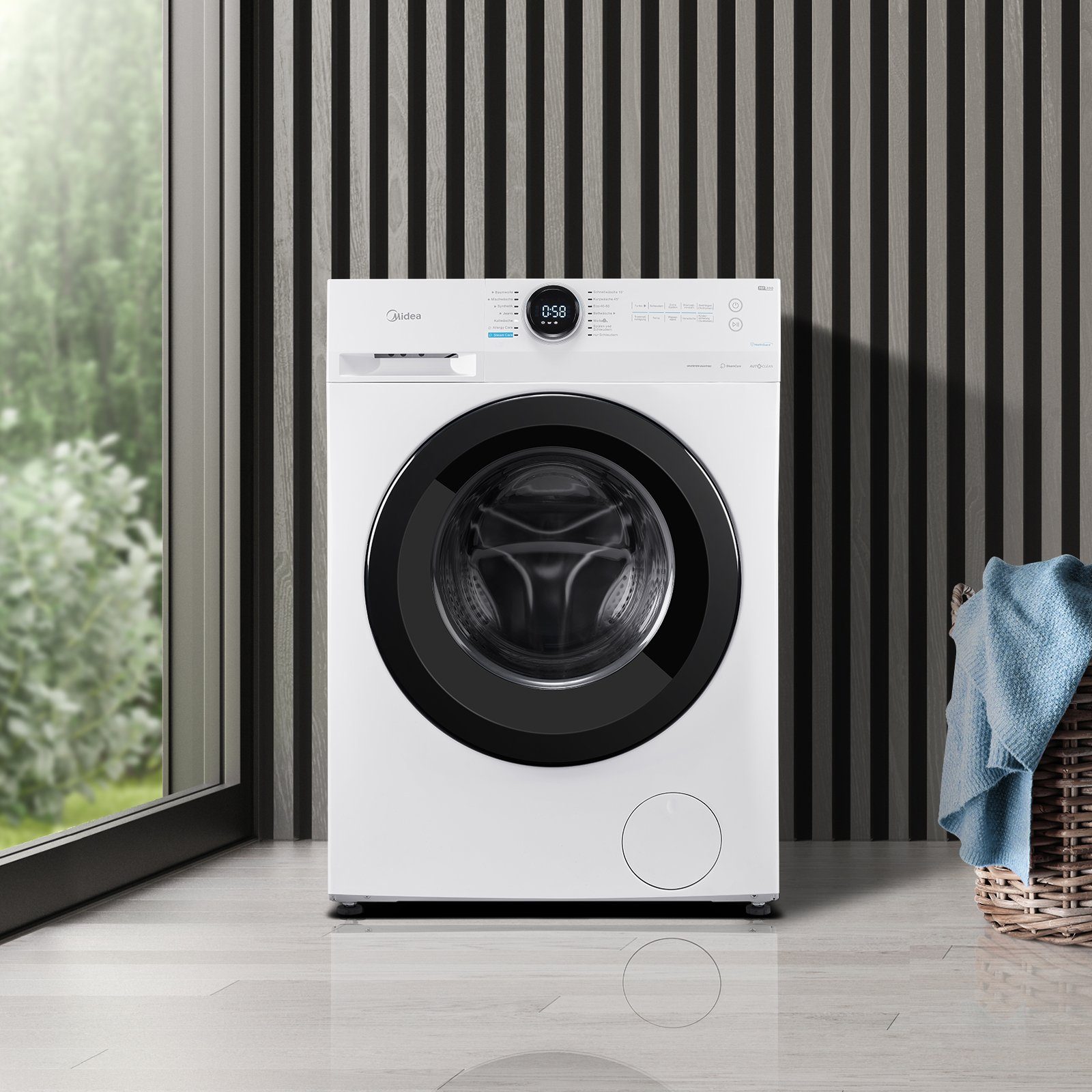 Midea Waschmaschine MF200W80B-E, 8 kg, 1400 U/min,48cm tief, Steam Care, Nachlegefunktion, Schnellwäsche