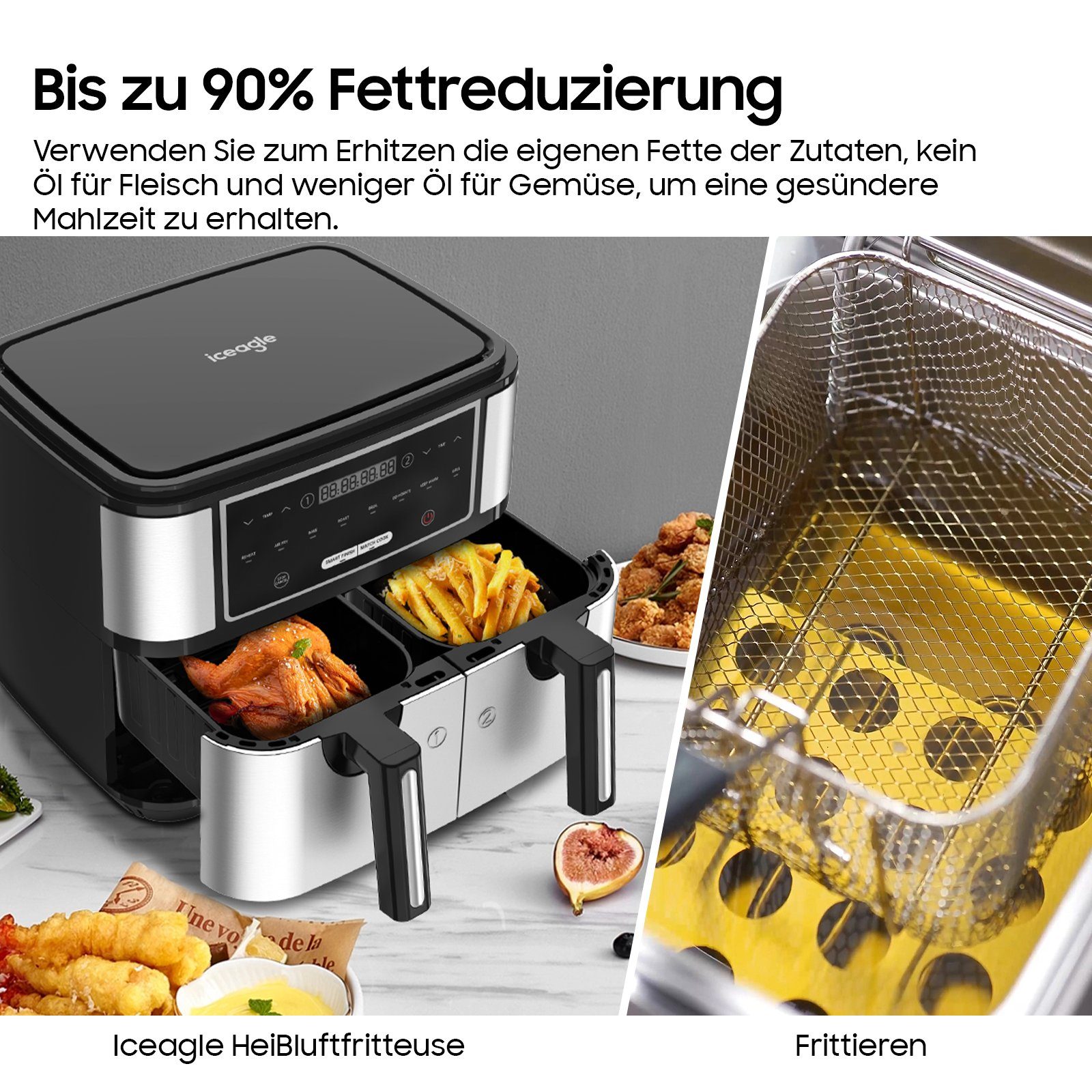 iceagle Heißluftfritteuse Heißluftfritteuse mit Doppelkammer, 9L Airfryer 2 Körben, 8 Programme, 2600,00 W, 4.5L+4.5L, Ohne Öl Fritteuse Heizluft LED-Touchscreen Edelstahl