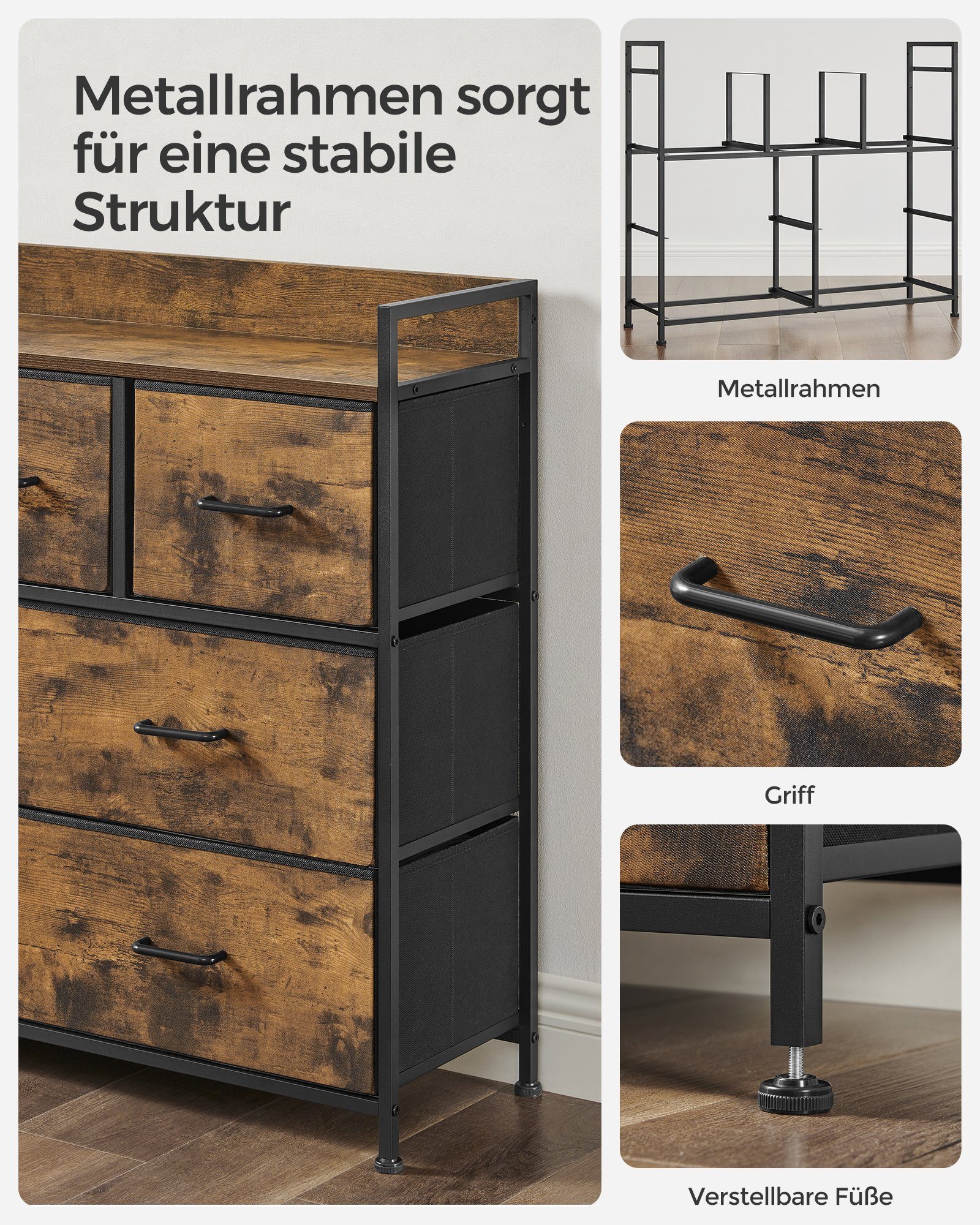 SONGMICS Kommode, 7 Stoffschubladen, Metallgestell, Industrie-Design