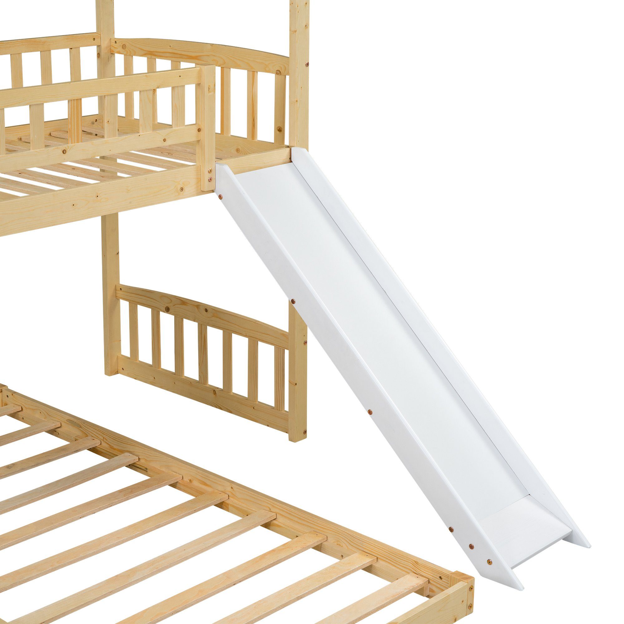 Gotagee Kinderbett Hausbett Kinderbett Etagenbett mit Treppe+Stauraum+Rutsche 90x200cm, Natur+Weiß