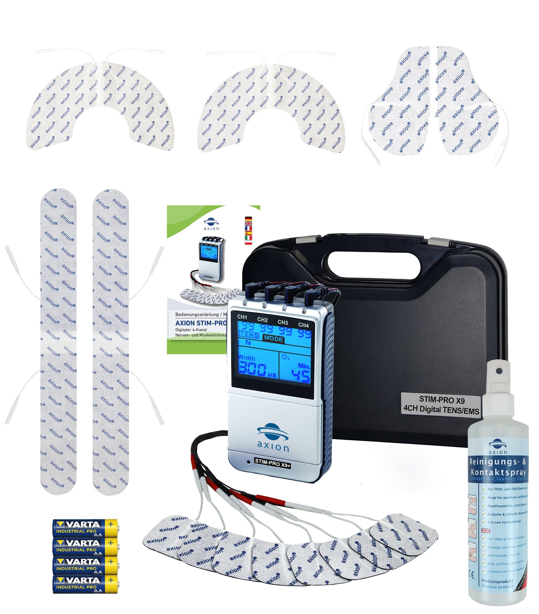 Axion TENS-EMS-Gerät 4 Kanal STIM-PRO X9+ TENS Gerät, TENS Schmerztherapiegerät, (Spar-Set), EMS Muskelaufbau, Massagegerät, Beckenbodentraining