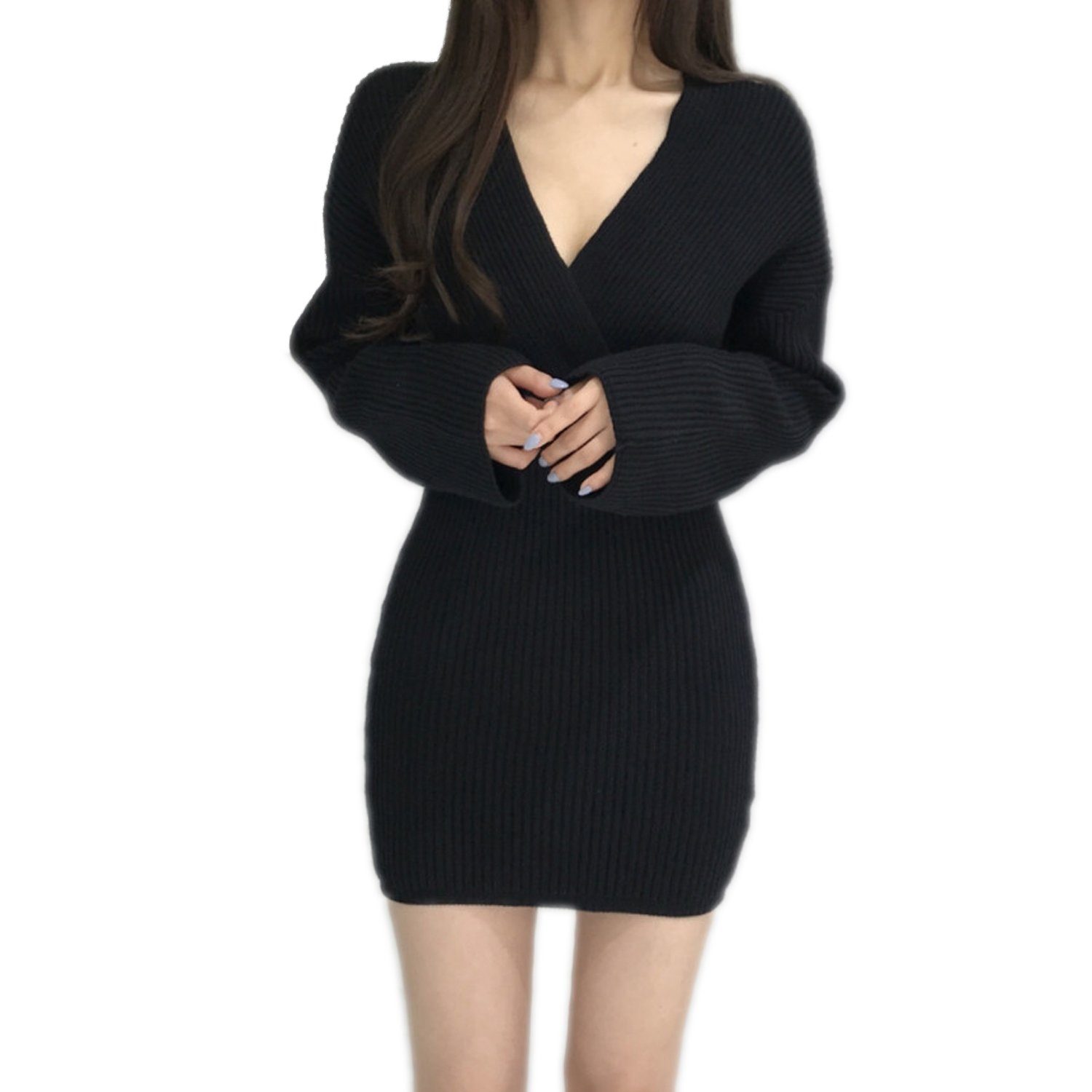 aikidio Stillkleid Sexy warmes schmales Strickkleid mit V-Ausschnitt