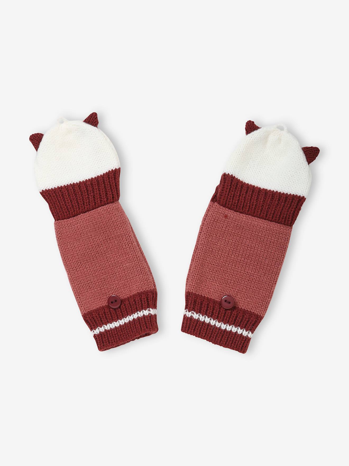 Vertbaudet Mädchen 2-in-1-Handschuhe, Katze - dunkelrosa