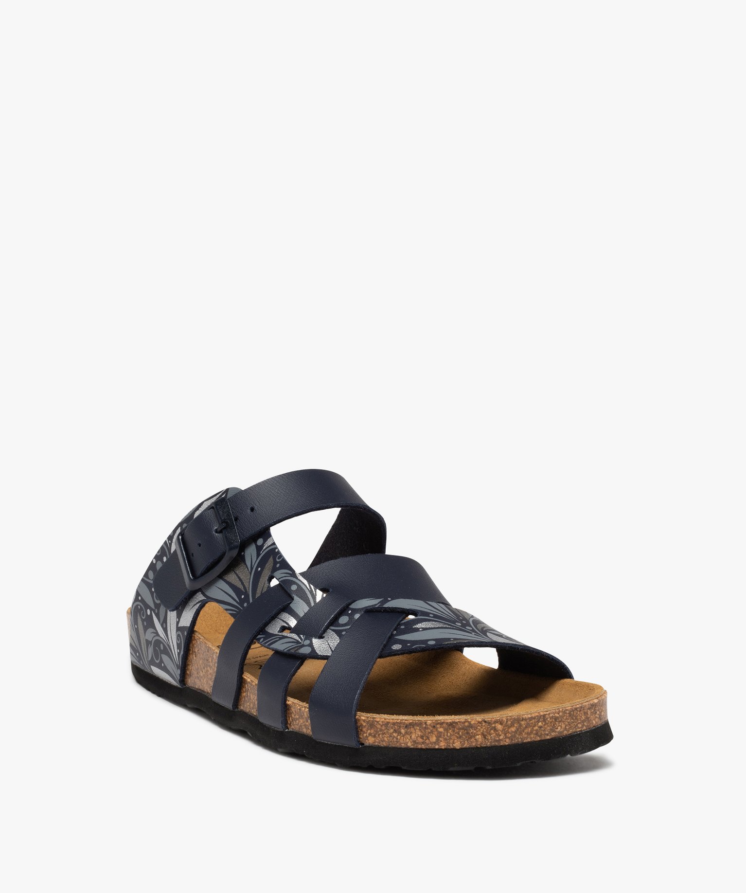 Mules femme à talon plat et brides multiples imprimées bleu | GEMO