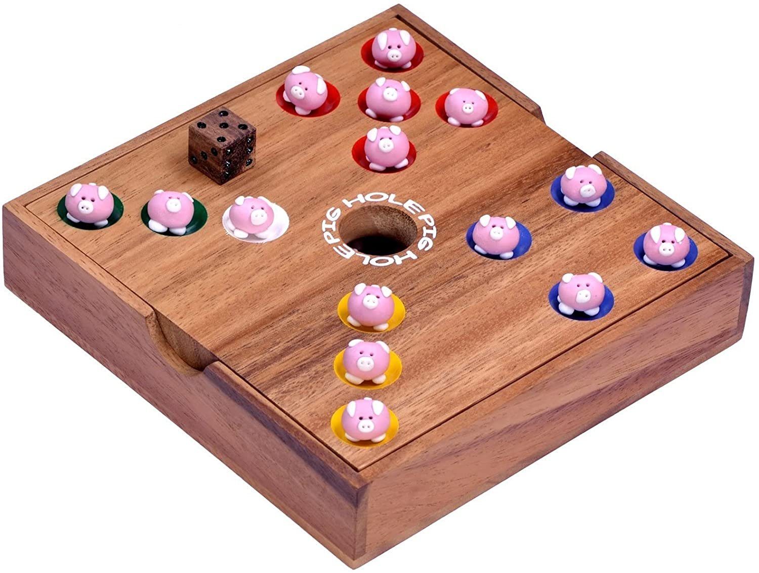 Logoplay Holzspiele Spiel, Pig Hole für 2 bis 6 Spieler - Spielfeld 18 x 18 cm - inkl. 60 Schweinchen Holzspielzeug