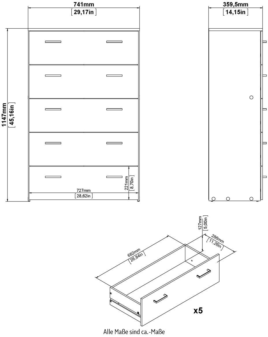 Home affaire Hochkommode, graue Stangengriffe, einfache Selbstmontage, 74,1 x 114,7 x 35,95 cm
