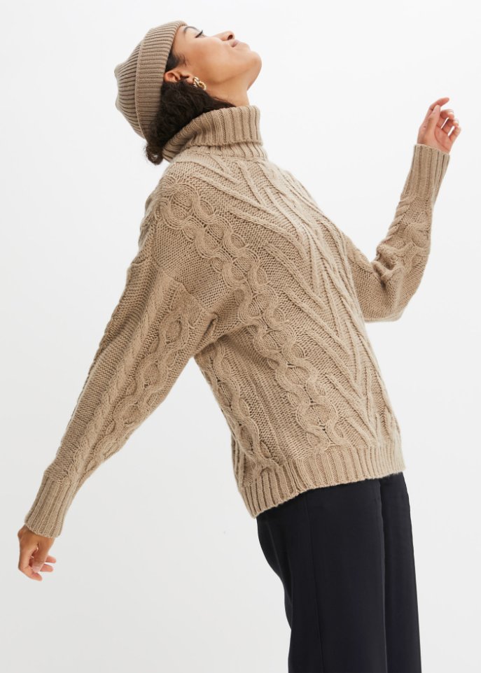 Rollkragen-Pullover mit Zopfmuster