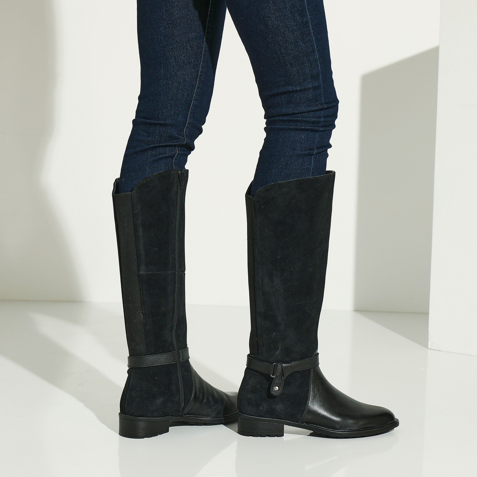 Bottes en cuir bimatière à mollets élastiqués