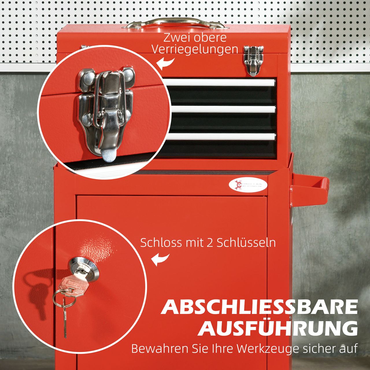 DURHAND Werkzeugwagen, Werkzeugkiste, 3 Schubladen, verschließbar, Stahl, Rot
