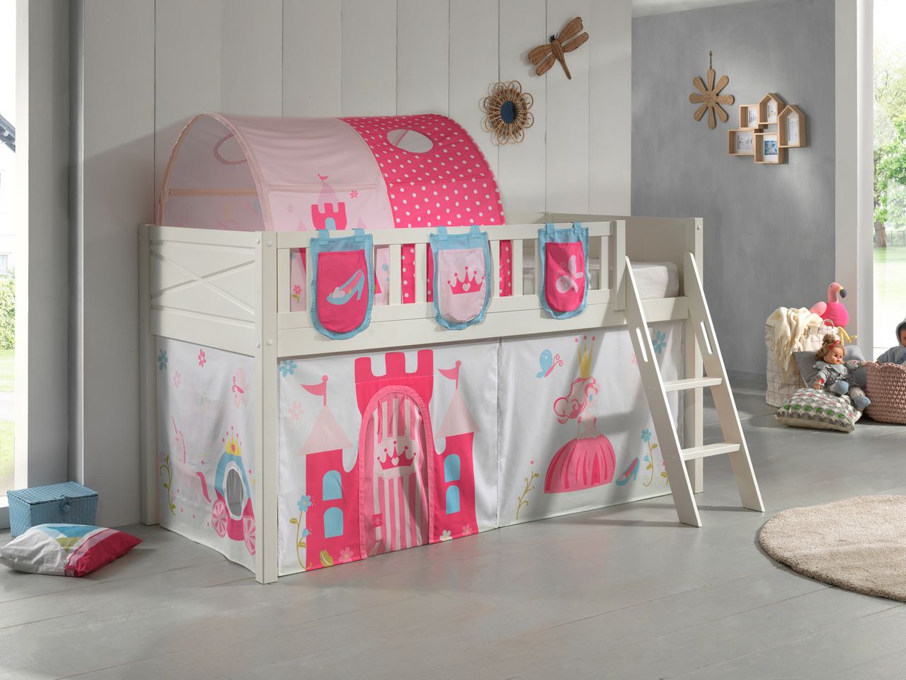VIPACK Spielbett SCOTT, LF 90 x 200 cm, mit Rolllattenrost, Leiter und Textilset Vorhang, Tunnel und 3 Taschen 