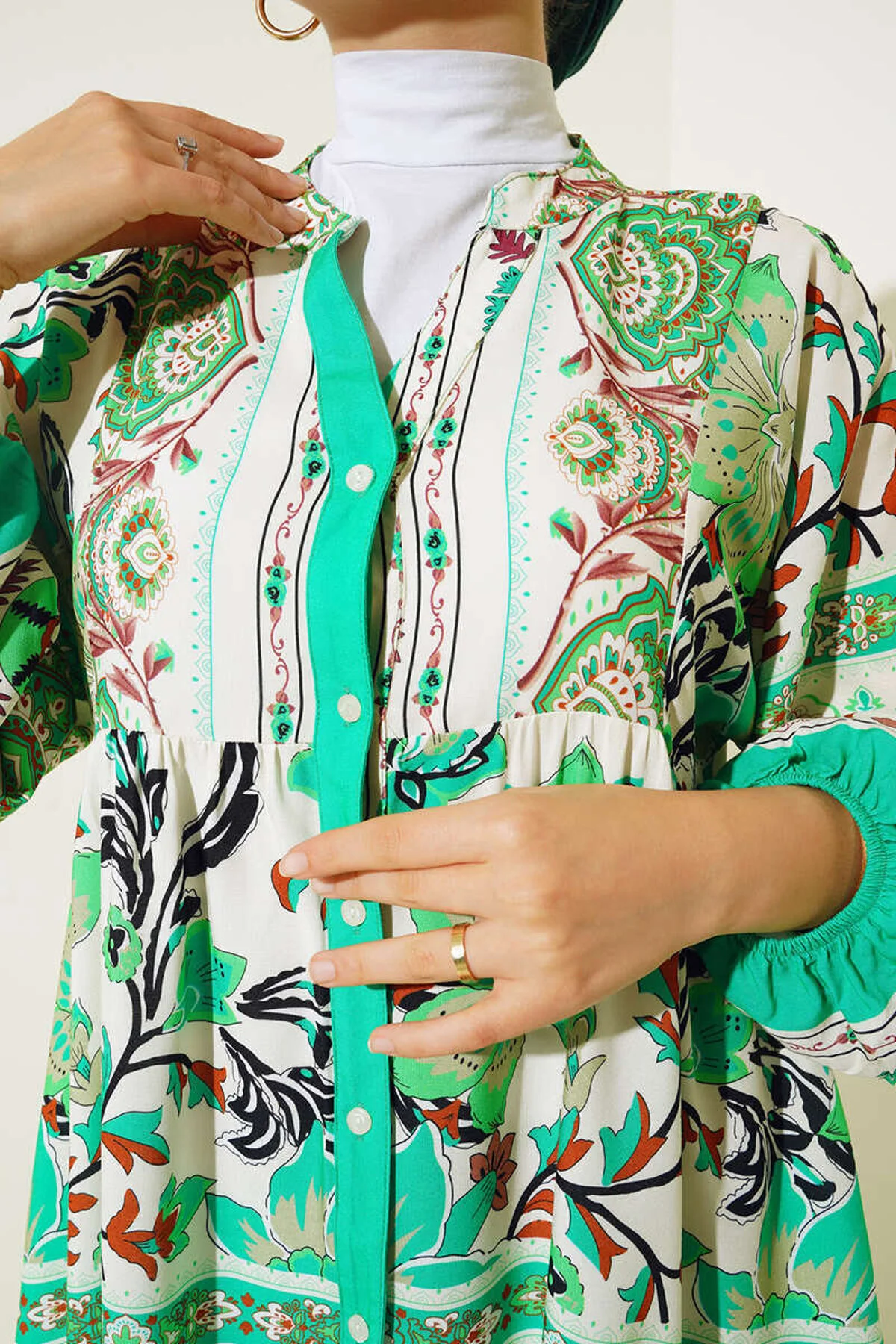 Bigdart  2423 Authentisches gemustertes Hijab-Kleid – Grün