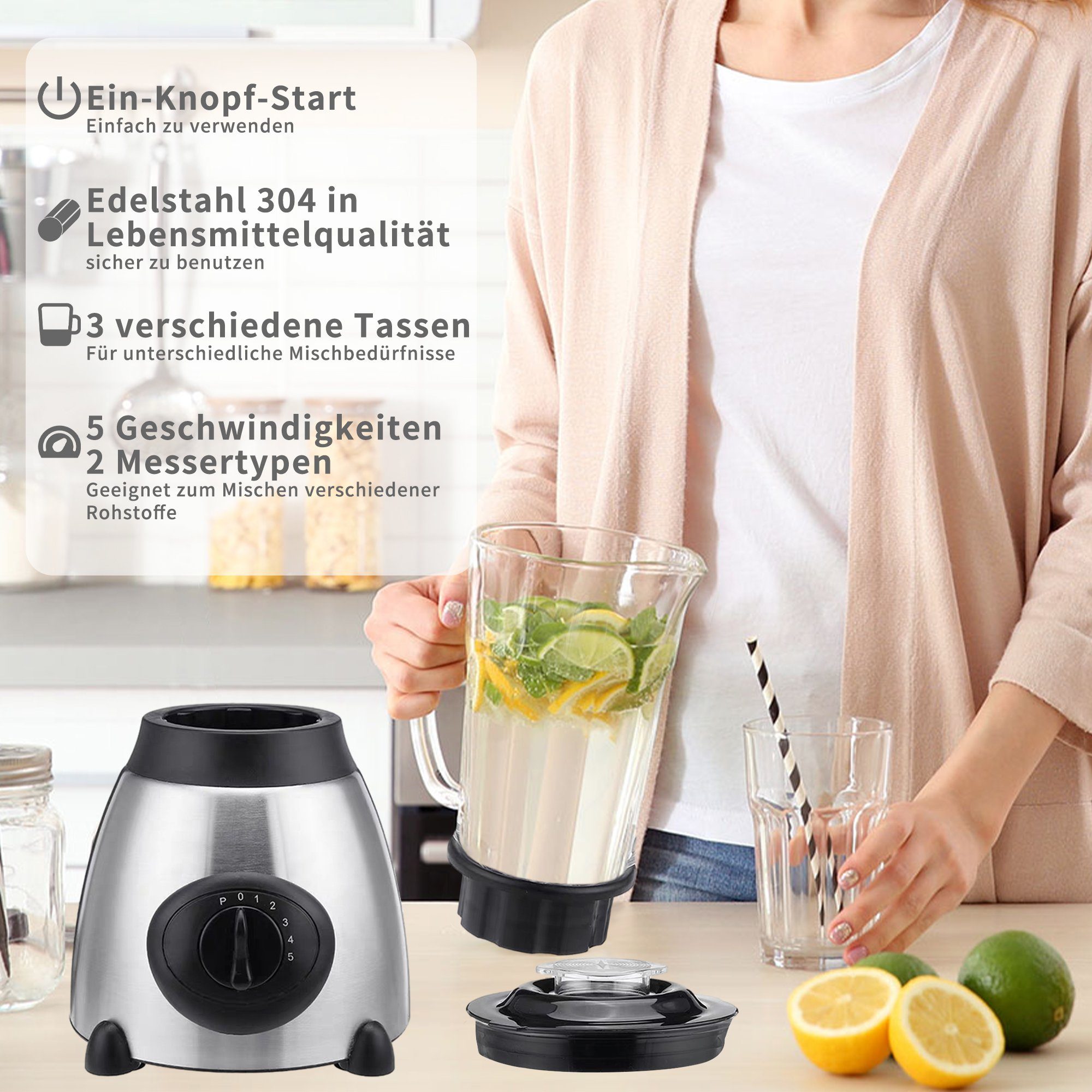 Tisoutec Standmixer Standmixer,VitaBoost Mixer,Edelstahl Silber Glas Smoothie Mixer Maker, 500,00 W Ice Crush Funktion,Milchshaker Blender 1,5 L,Eiscrusher