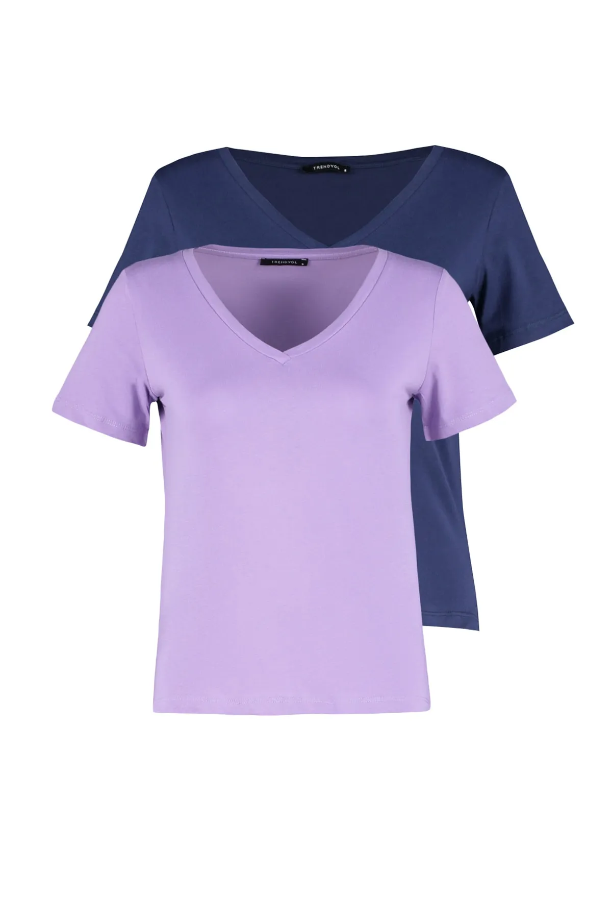 Trendyol Collection  Marineblau-Lila, 100 % Baumwolle, 2er-Pack Basic-Strick-T-Shirts mit V-Ausschnitt TWOSS23TS00002