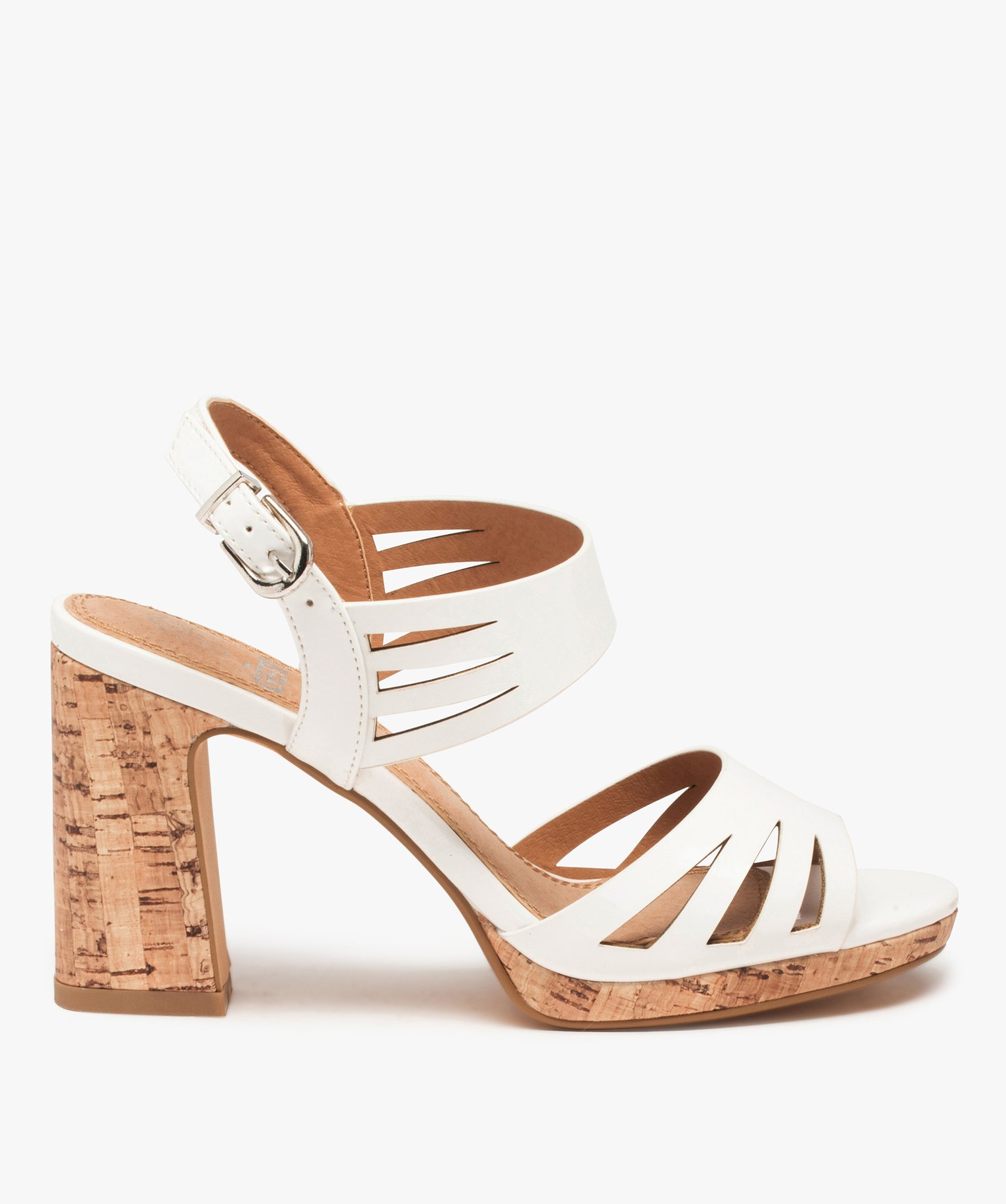 Sandales femme à talon liège et brides vernies blanc | GEMO