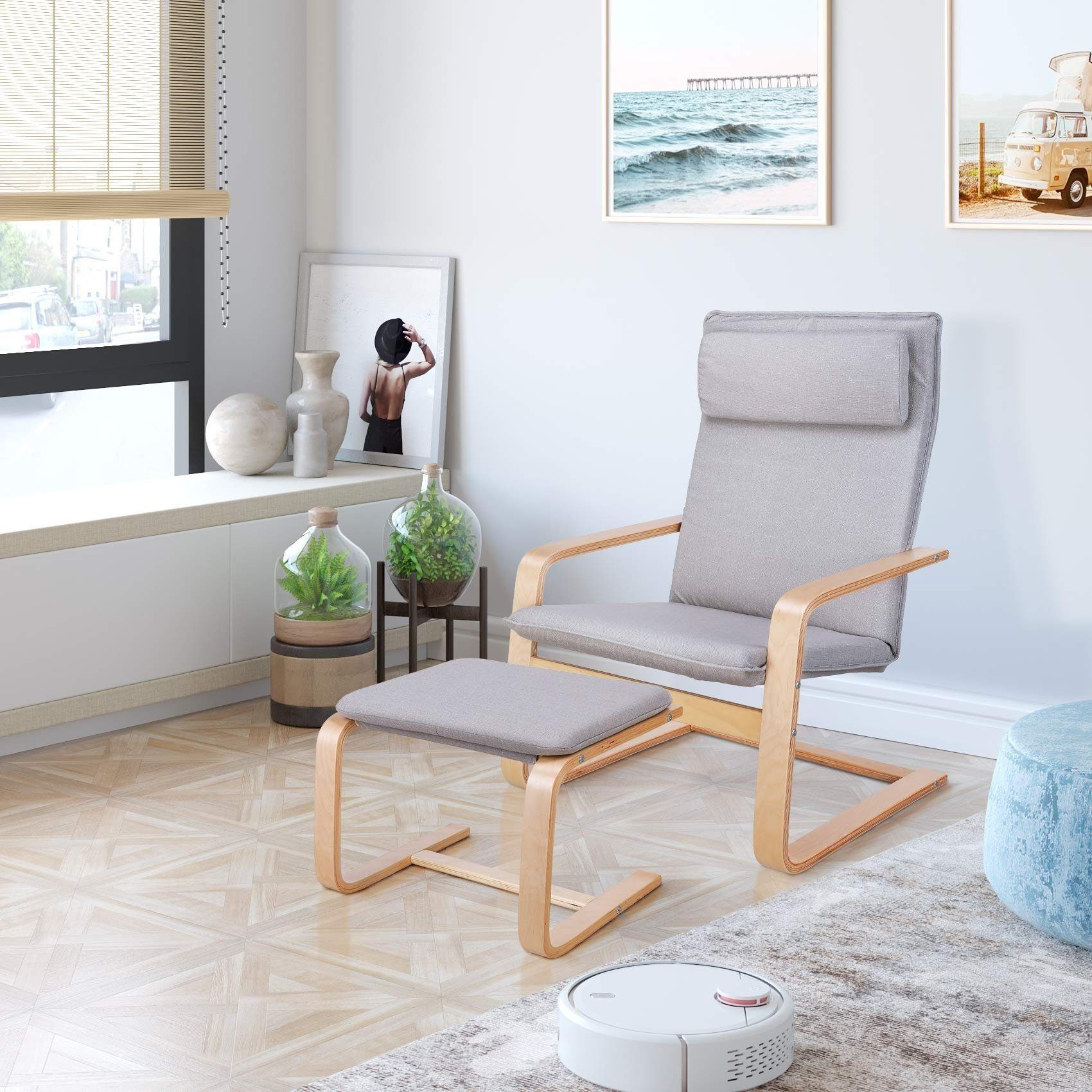 Daskoo Relaxsessel Relaxstuhl mit Fußhocker und Armlehne,66.5x69x96.5 cm (Relaxsessel mit hocker), Sessel Armlehnensessel aus Birkenholz