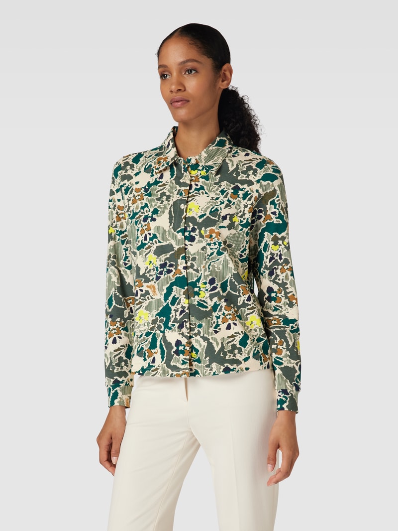 Blusenshirt mit Allover-Muster und Umlegekragen in dunkelgrün
