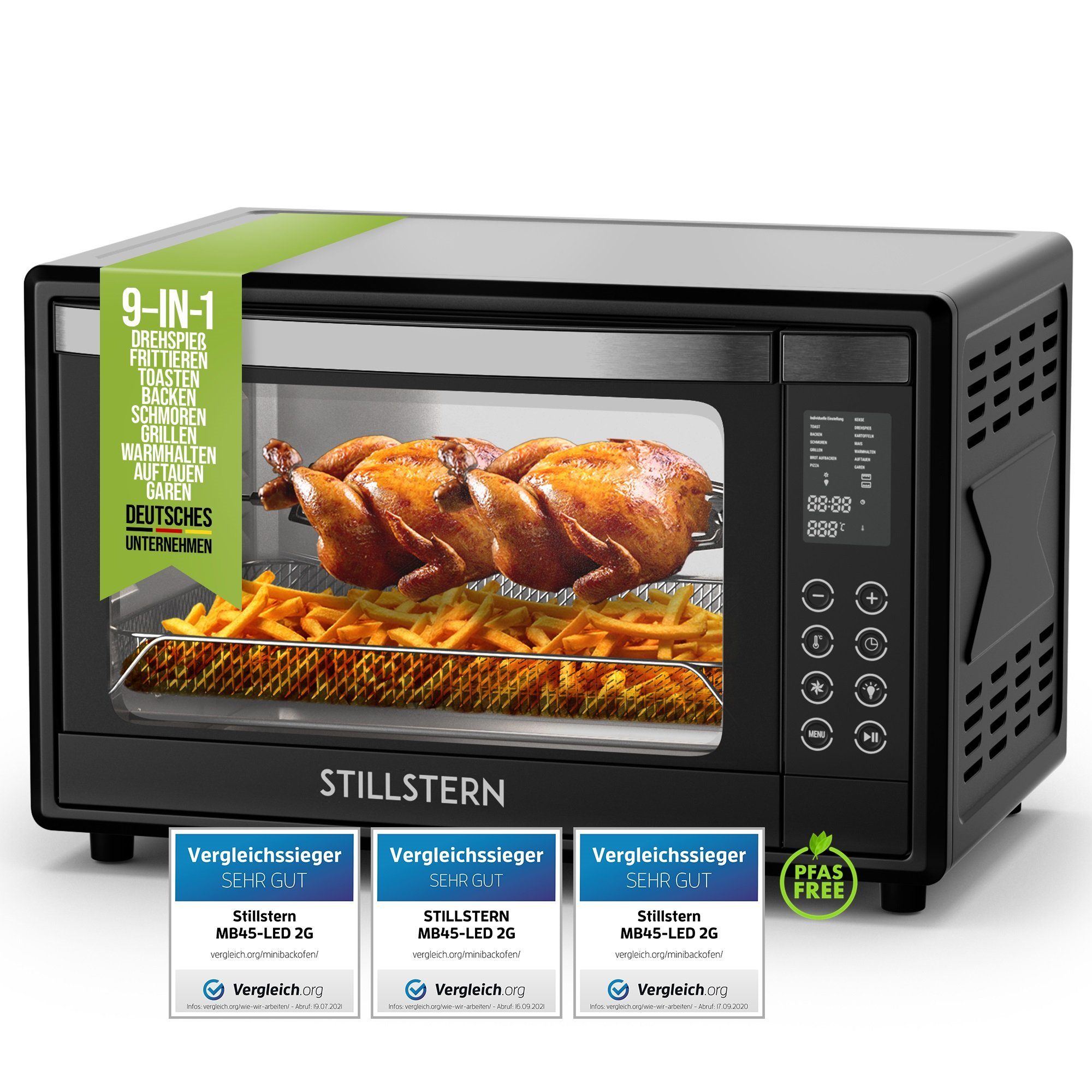 Stillstern Minibackofen MB45-LED 2G (45L) Deutsche Version, Ofenhandschuhe, Rezeptheft, Drehspieß, Timer, Innenbeleuchtung