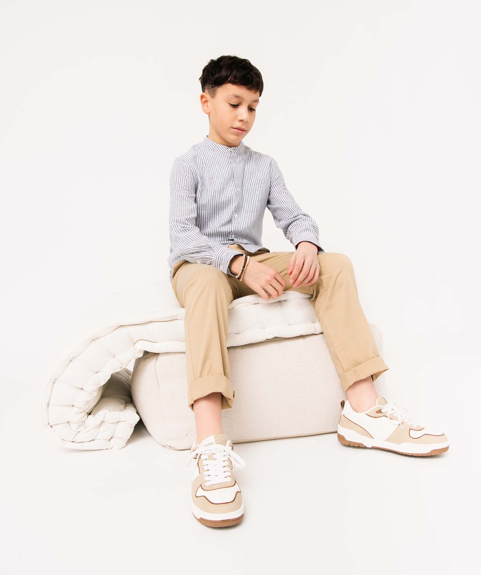 Chemise Garçon rayée à manches longues et col mao blanc | GEMO