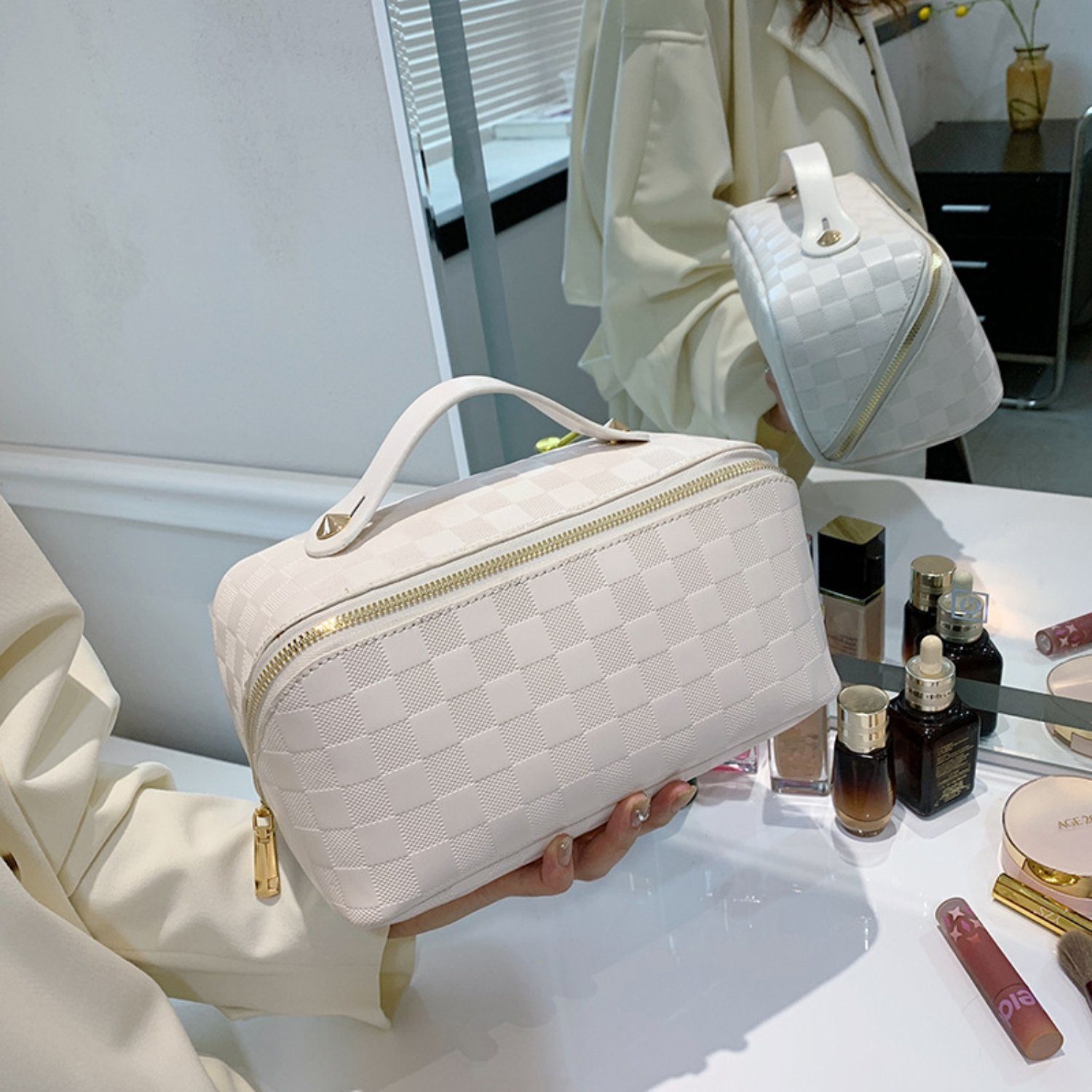 HOMEIDEAS Kosmetiktasche, Wasserabweisende Große karierte Make-up-Tasche