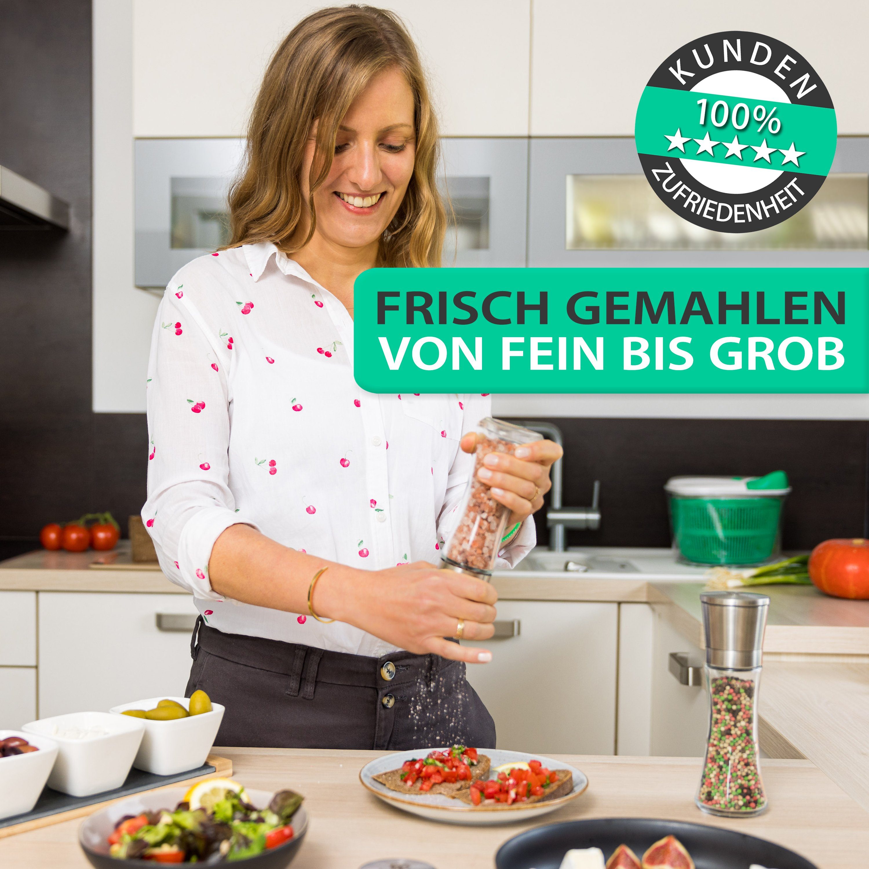 freegreen® Gewürzmühle PREMIUM Salz und Pfeffermühle 19cm 2er Set + Clean Eating Kochbuch Manuell für ein einzigartig gleichmäßiges Mahlergebnis!, mit verstellbarem Keramik-Mahlwerk und Geschenkverpackung