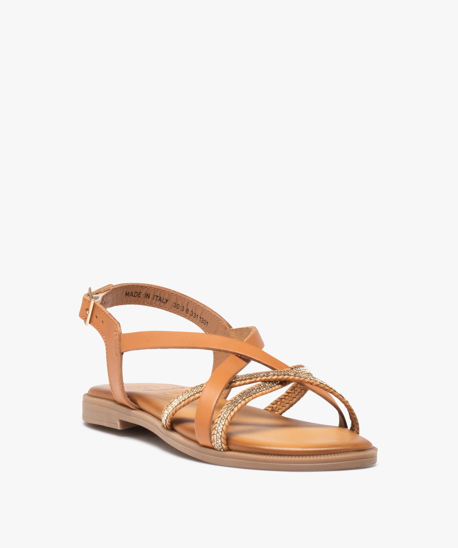 Sandales femme unies en cuir et à strass camel | GEMO