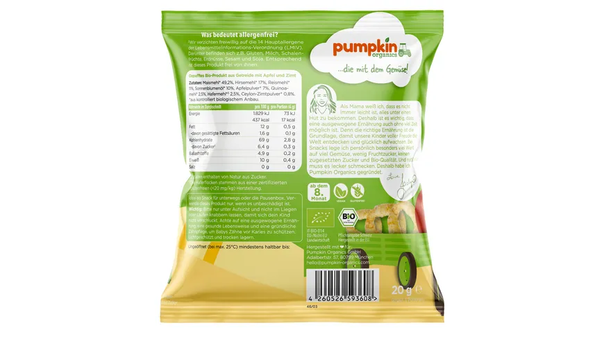 pumpkin organics Bio Mehrkorn Ringe mit Apfel & Zimt 20 g