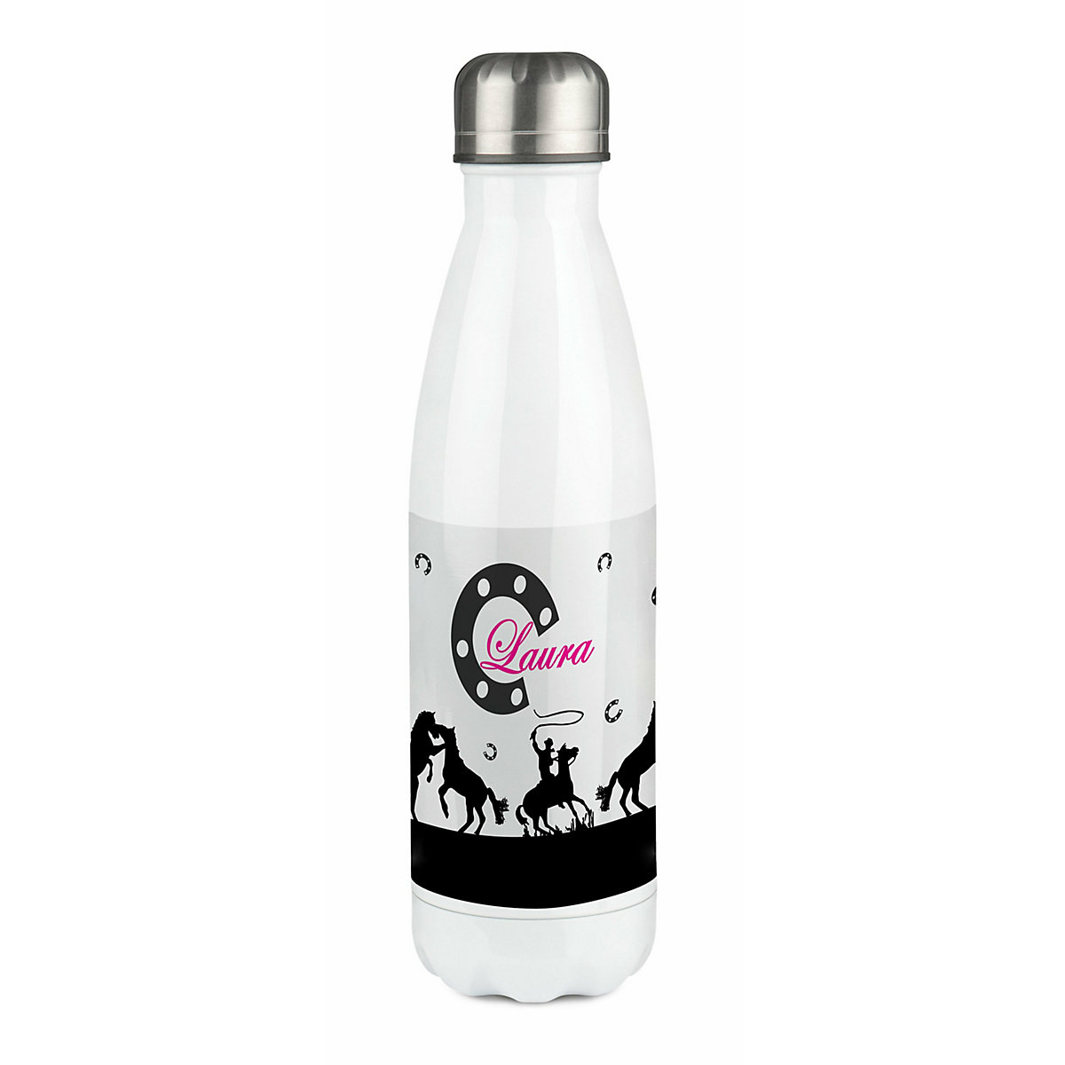 Edelstahl Kinder Thermoflasche / Trinkflasche bunt Pferd-Cowboy schwarz Spülmaschinenfest, Auslaufsicher, Bruchfest, Doppelwandig, Für Heißgetränke geeignet, Mit Deckel, Isoliert