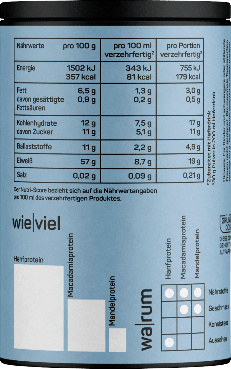 Proteinpulver Hanf, Macadamia & Mandel, ungesüßt, vegan, 300 g