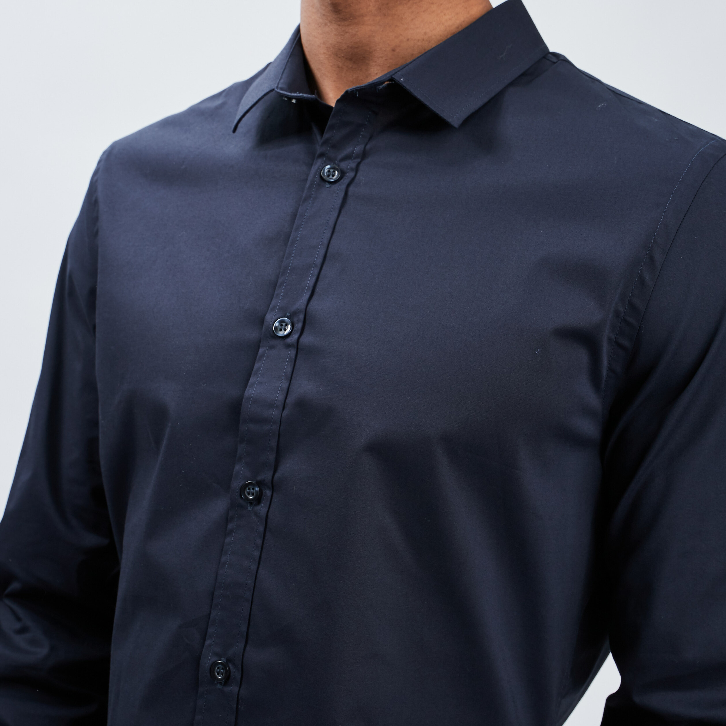 Chemise basique ajustée manches longues bleu marine homme | La Halle