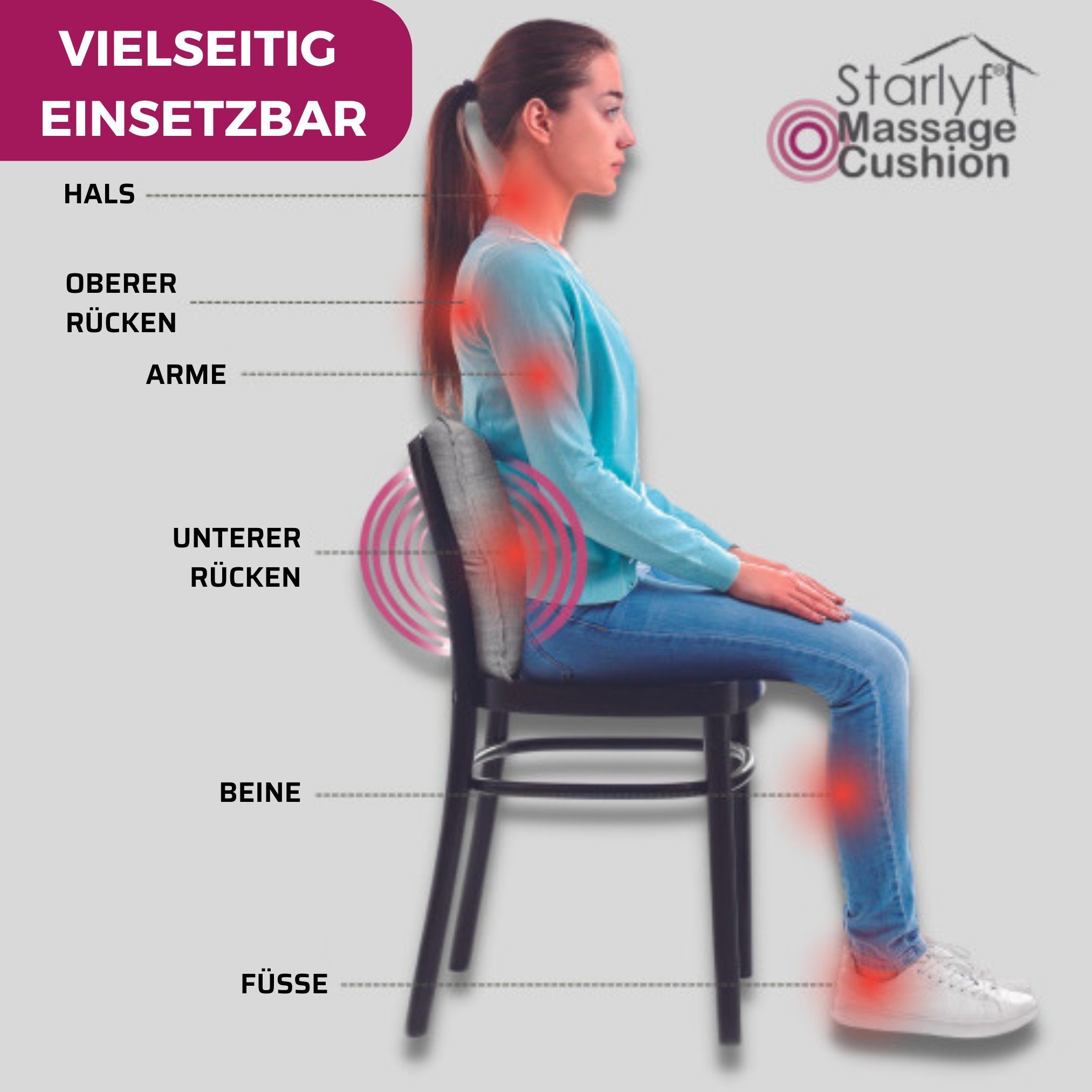 Starlyf Massagekissen Massage Cushion, 1-tlg., Massage Kissen mit Vibrationstechnik, 37x37 cm, grau
