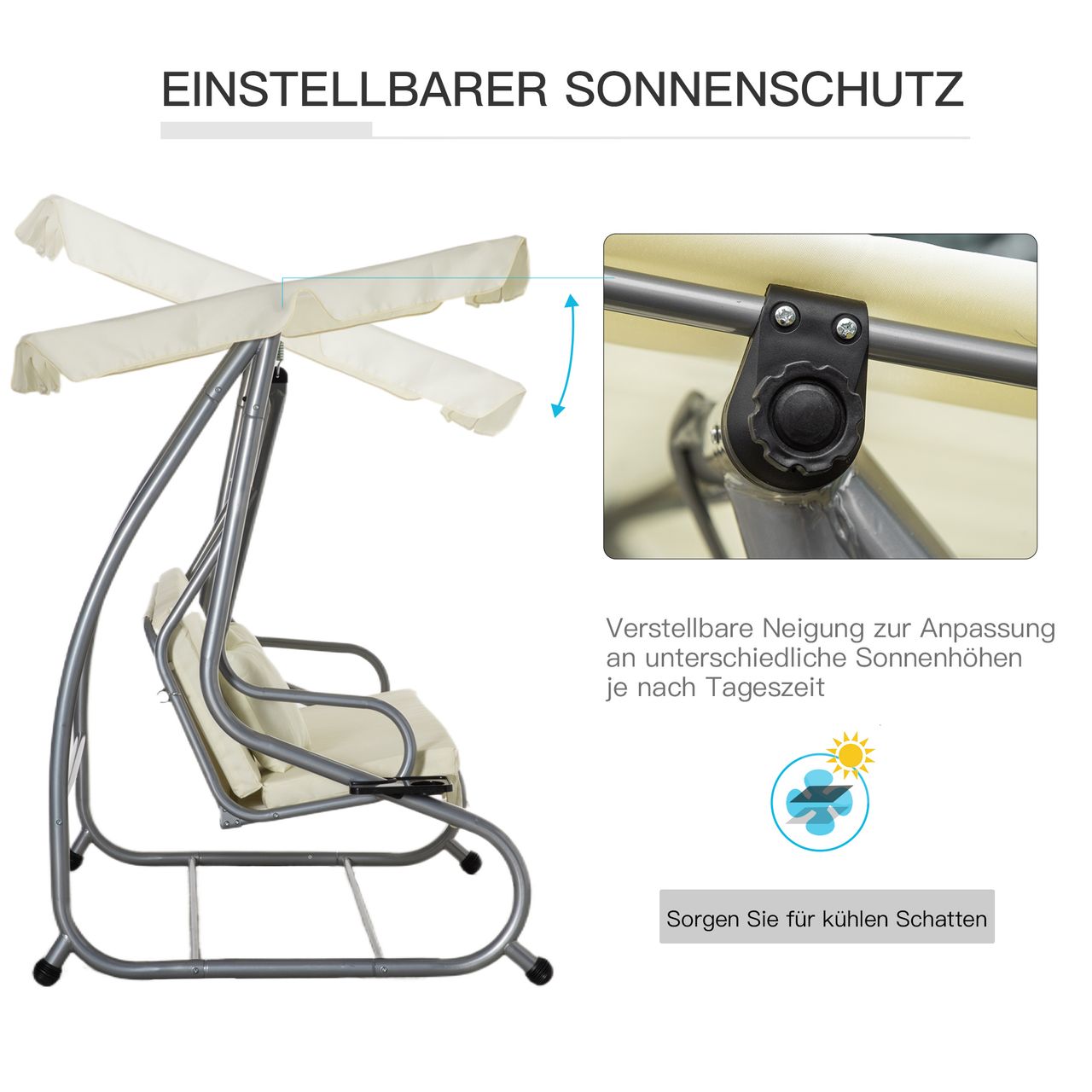 Outsunny Hollywoodschaukel Gartenschaukel 3-Sitzer Liegefunktion Stahl Beige