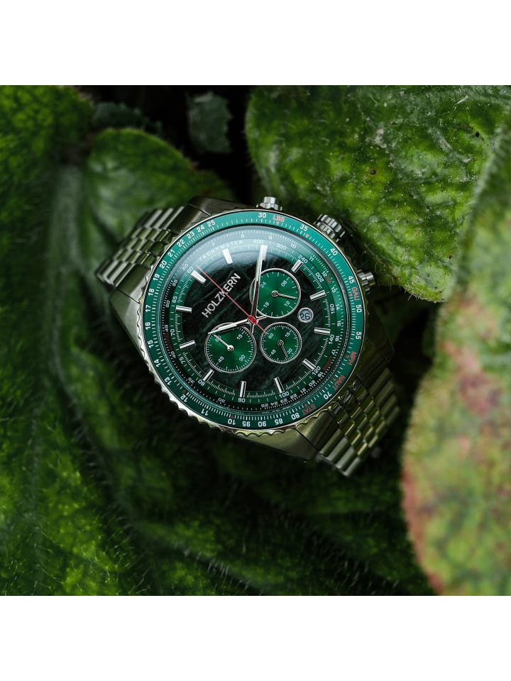 Holzkern Herrenuhr Chronograph Openhorizon Marmor Grün/Silberfarben günstig kaufen onesize
