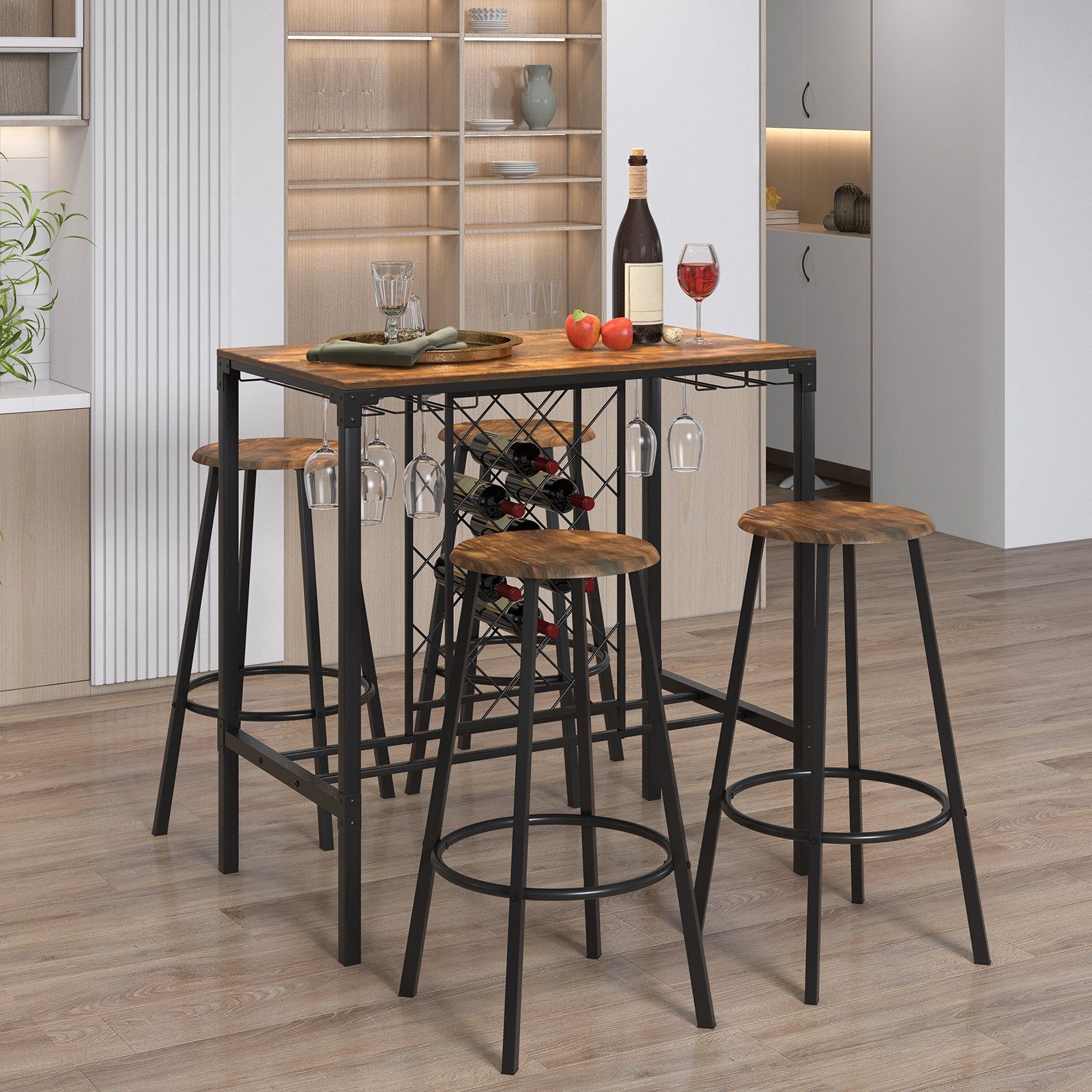 COSTWAY Bartisch, 5-tlg. mit 4 Barhockern, Weinregal und Glashalter
