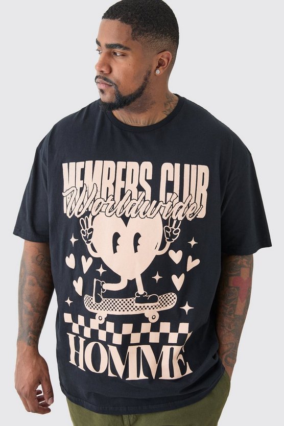 Plus schwarzes T-Shirt mit Members Club Worldwide Print