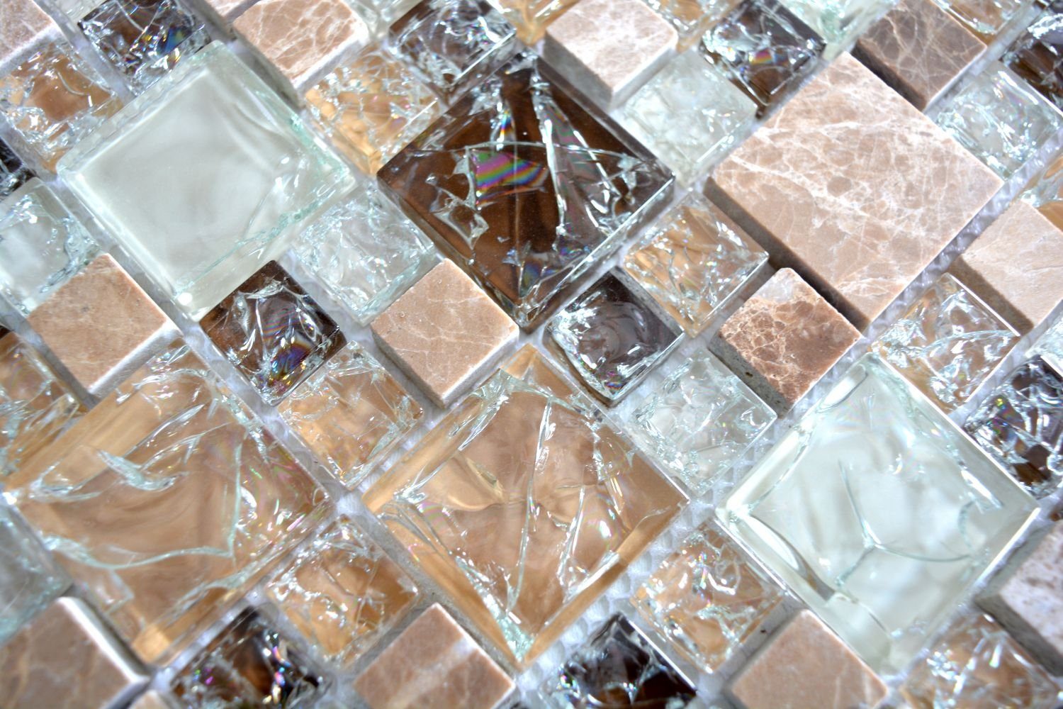 Mosani Mosaikfliesen Glasmosaik Naturstein Mosaik hellbraun glänzend / 10 Matten