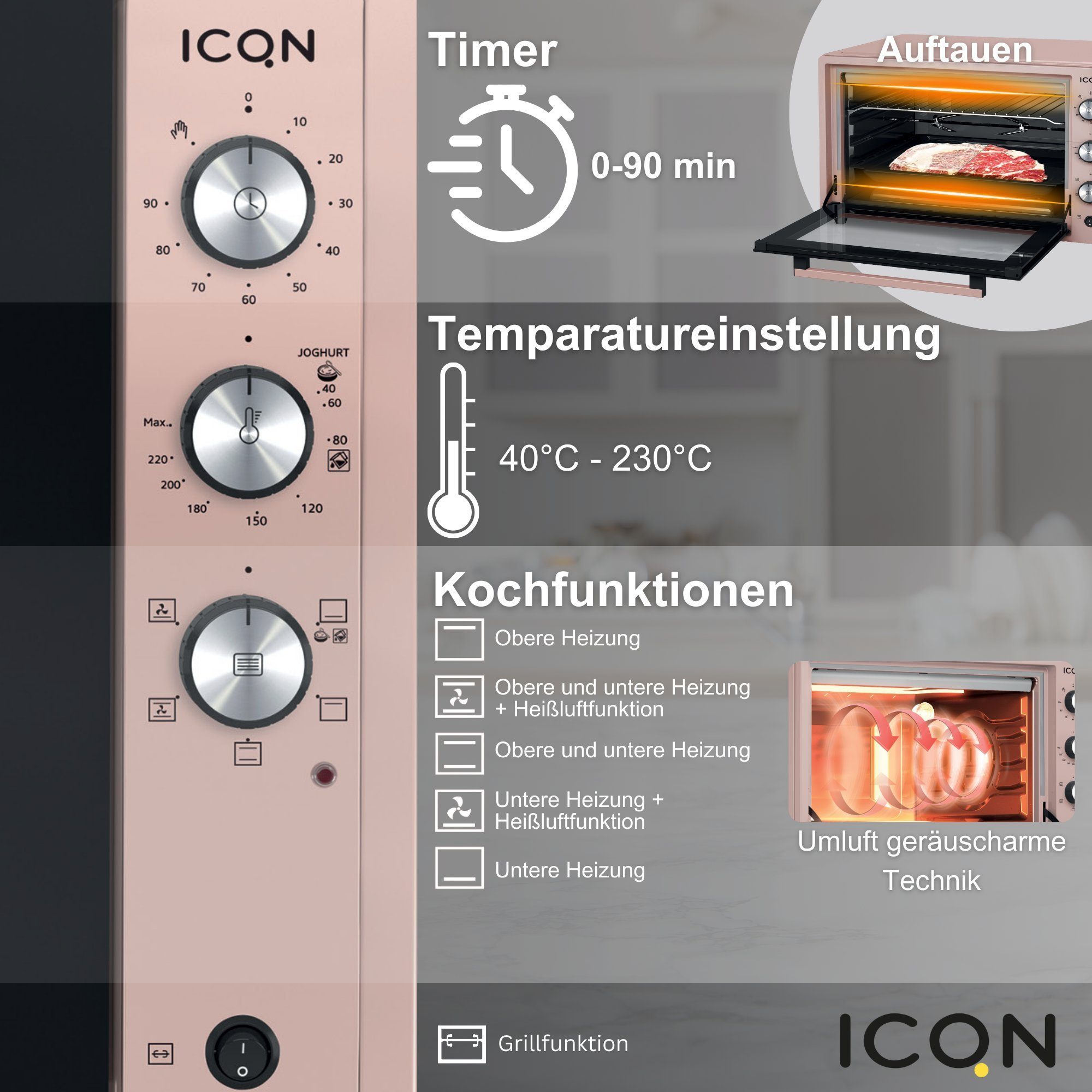 ICQN Minibackofen 60 Liter XXL, inkl. Backblech Set, 40°-230°C, Umluft, Pizza-Ofen, Doppelverglasung, Drehspieß, Timer, Emailliert