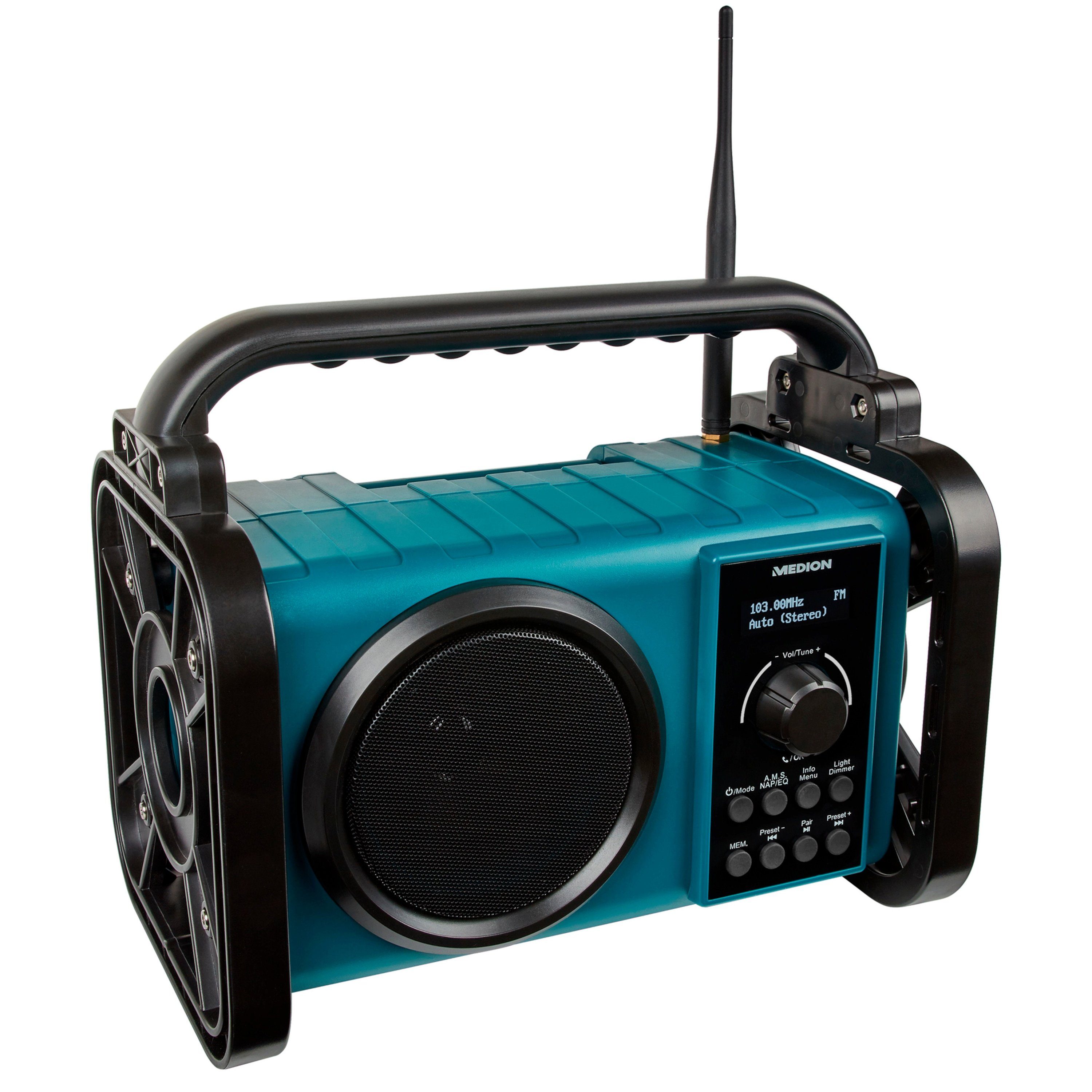 Medion® E66877 Baustellenradio, LC-Display, Bluetooth, IP44, LED-Licht Baustellenradio (AM/FM, MW/UKW, DAB+, 5 W, MD43877)