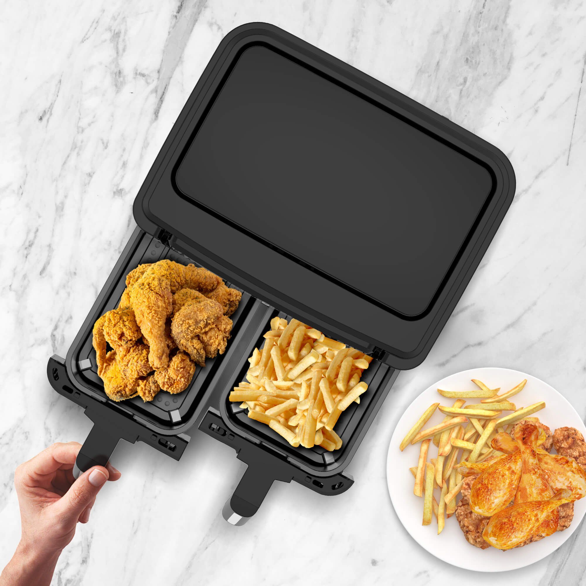TurboTronic by Z-Line Heißluftfritteuse XXL doppel Airfryer 1750W 7,6L 2x 3,8L Kammer 12 Programme digitale, 1750 W