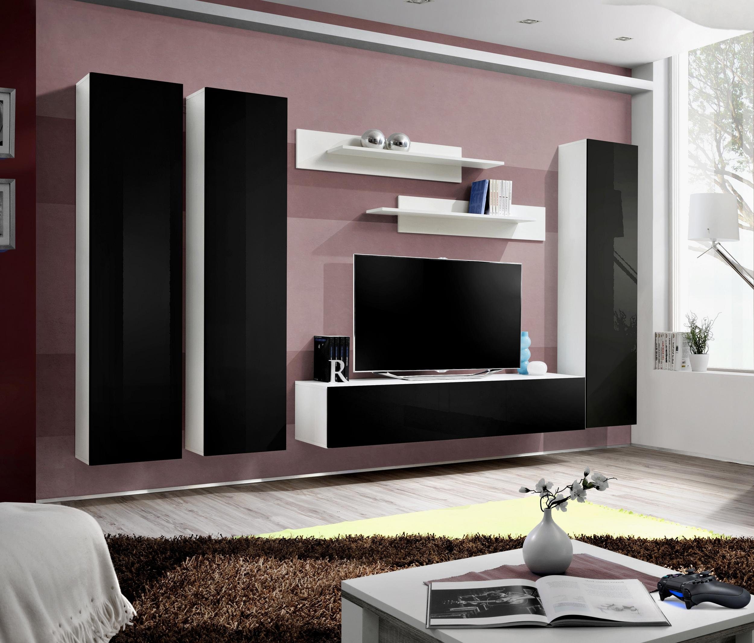 Stylefy Wohnwand FLI C I170x320x40 cm, (Wohnmöbel, Wohnzimmer-Set, Set (6-St), bestehend aus 3xHängeschrank, 1xLowboard, 2xWandboard, mit Push-to-Open, variabel hängbar, Hochglanzfronten, Modern