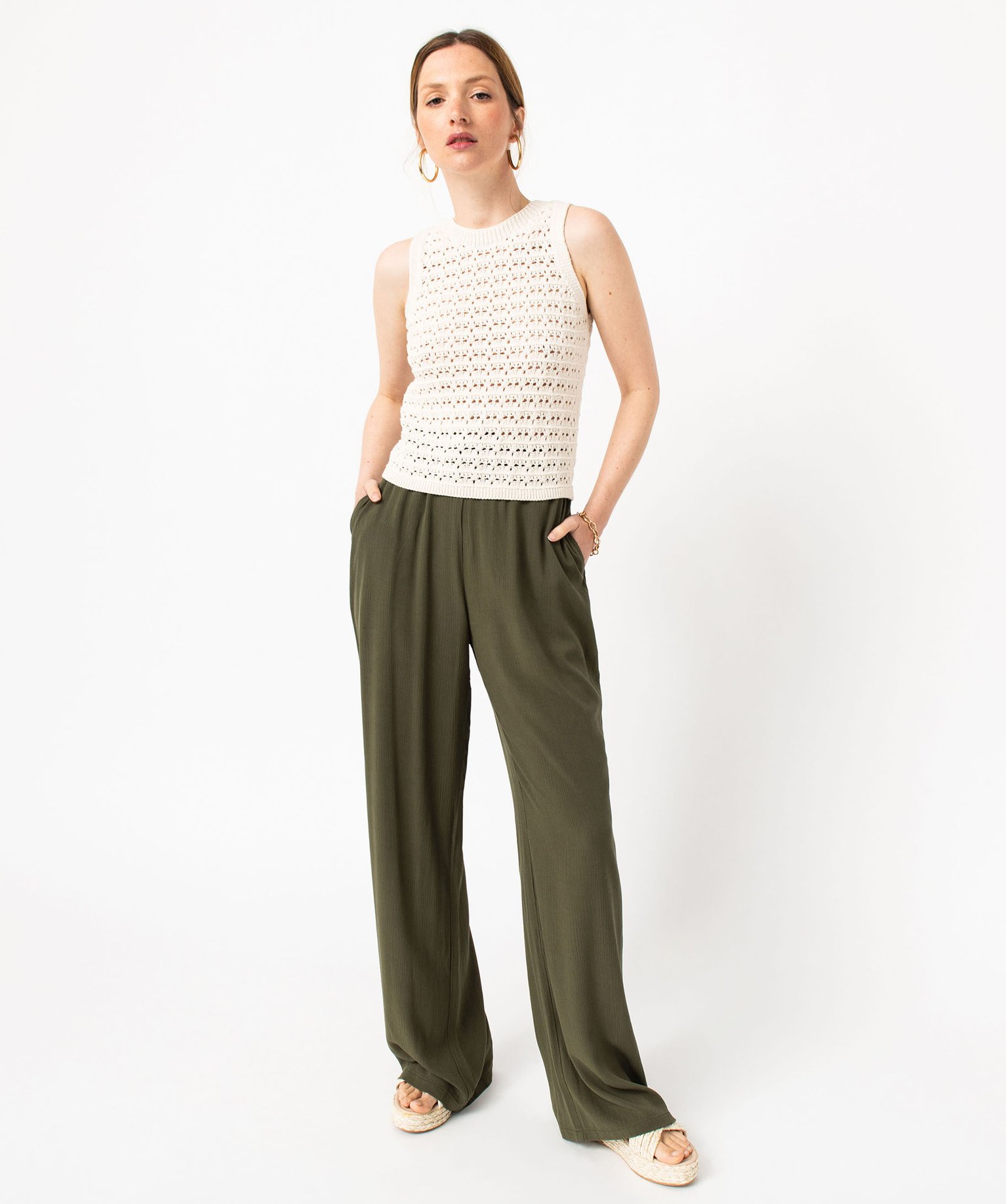 Pantalon en maille fluide aspect crêpe femme kaki | GEMO