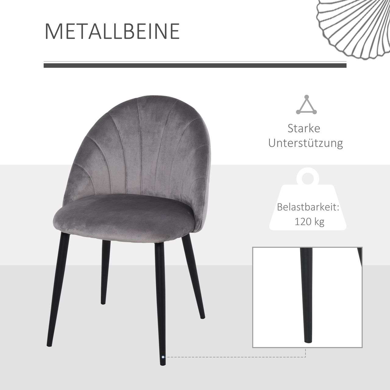 HOMCOM Esszimmerstühle 2er Set Küchenstuhl Wohnzimmerstuhl Polsterstuhl Bürostuhl mit Rückenlehne Skandi-Design Samt Metall Grau 52 x 54 x 79 cm