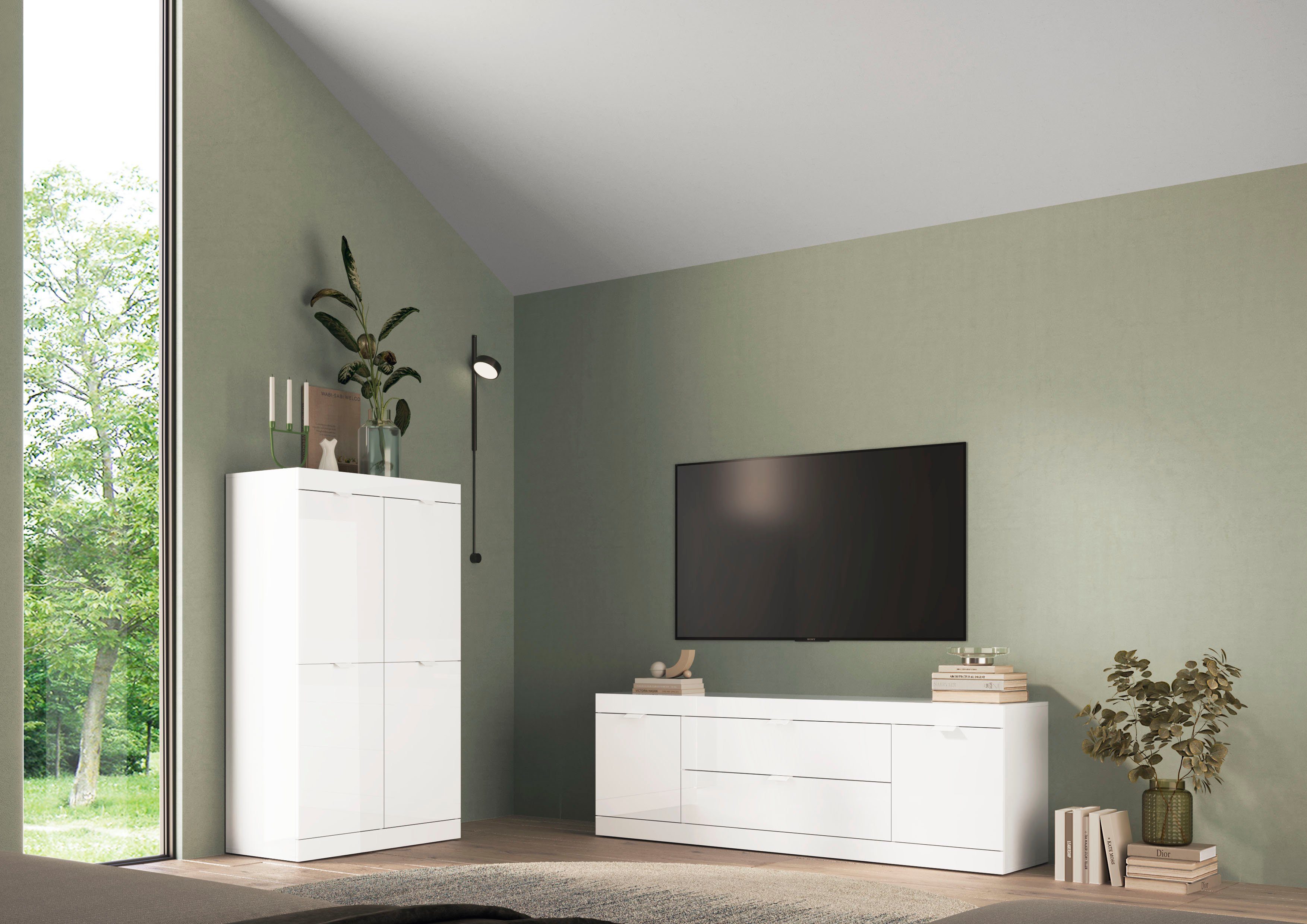 LC Highboard Slim, Breite 91 cm, weiß Hochglanz Lack