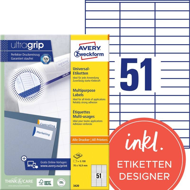 AVERY Zweckform ultragrip Universaletiketten 3420 Selbsthaftend DIN A4 Weiß 70 x 16,9 mm 100 Blatt à 51 Etiketten