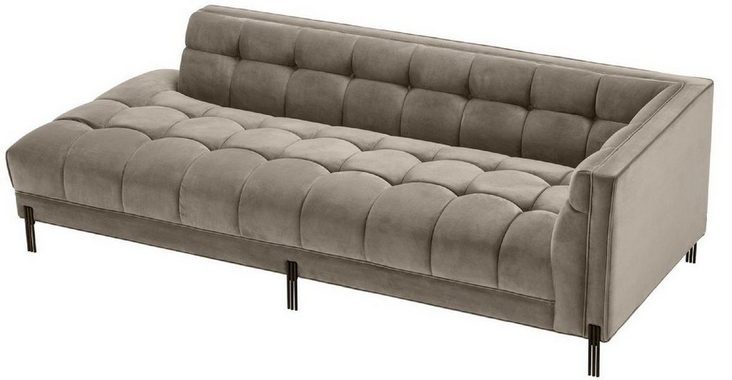 Casa Padrino Loungesofa Luxus Lounge Sofa Greige / Schwarz 223 x 95 x H. 68 cm - Rechtsseitiges Wohnzimmer Sofa mit edlem Samtsoff und 2 Kissen