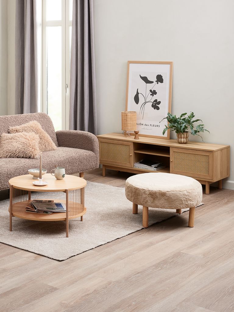 Puf RAMSDAL RAMSDAL Ø70 beżowy materiał miś/kolor dębu