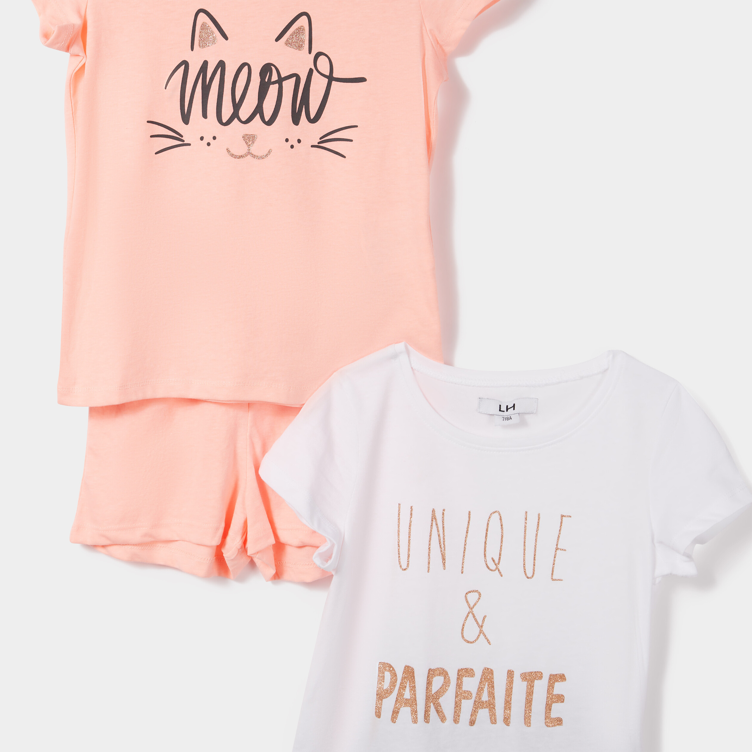 Lot 2 ensembles pyjamas short orange corail fille | La Halle